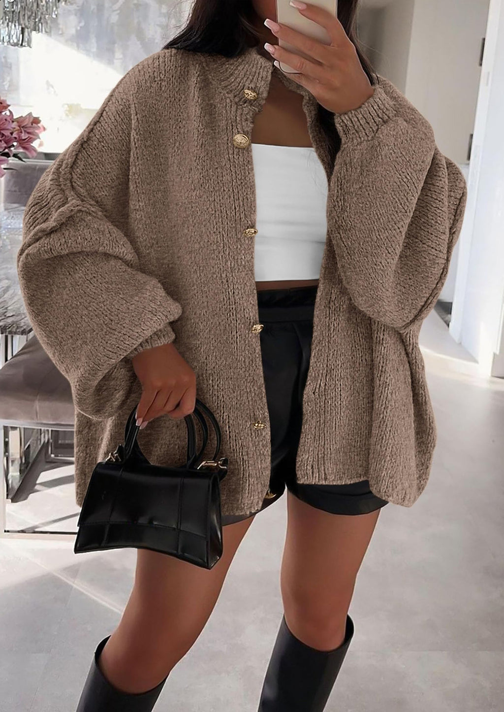 Women's Winter Button Down Cardigan Sweaters Mock Neck Lantern Long Sleeve Chunky Knit Jacket Trendy Outerwear