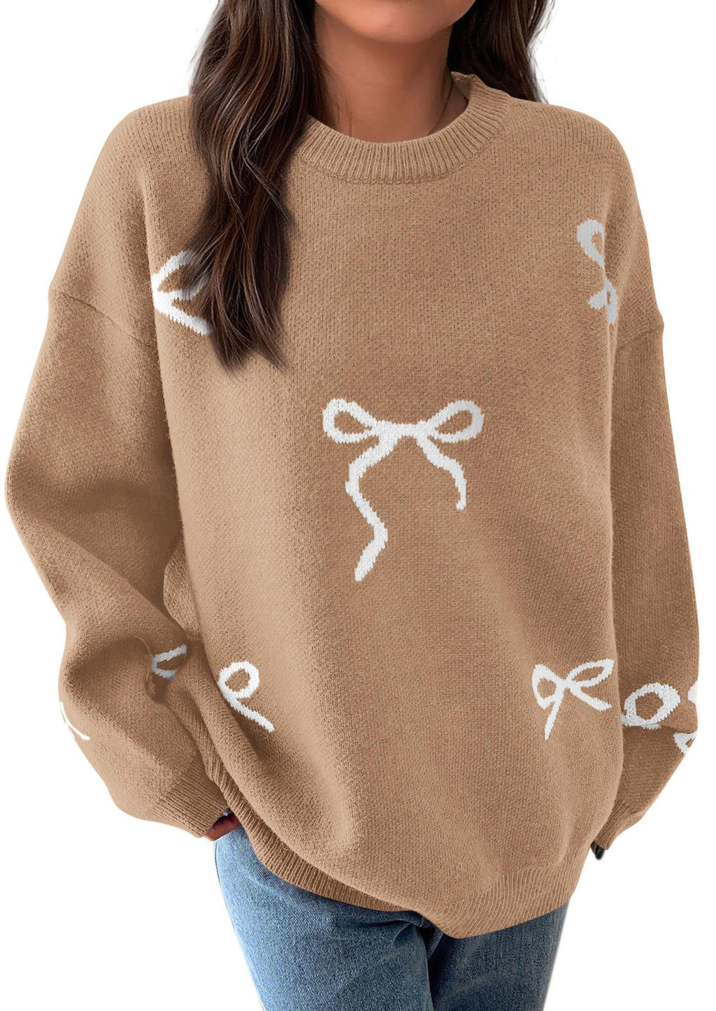 Fall Long Sleeve Pullover Sweaters for Women Trendy Crewneck Casual Cute Bow Chunky Knit Oversized Sweater