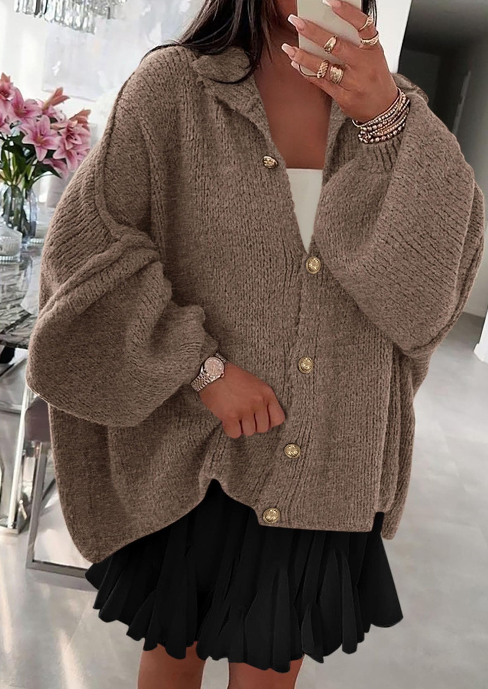 Women's Winter Button Down Cardigan Sweaters Mock Neck Lantern Long Sleeve Chunky Knit Jacket Trendy Outerwear