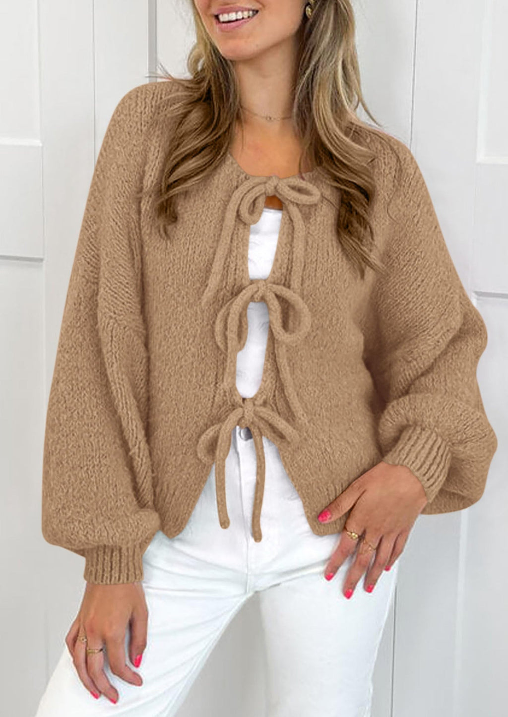 Women's Tie Front Bow Cardigan Sweaters Chunky Knit Long Puff Sleeve Trendy Fall Winter Jacket Coats