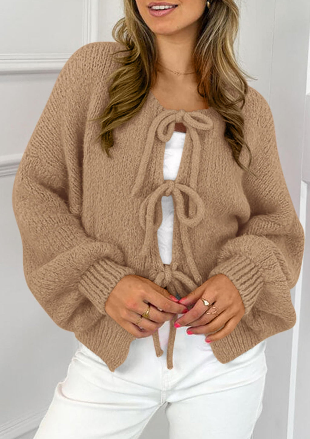 Women's Tie Front Bow Cardigan Sweaters Chunky Knit Long Puff Sleeve Trendy Fall Winter Jacket Coats