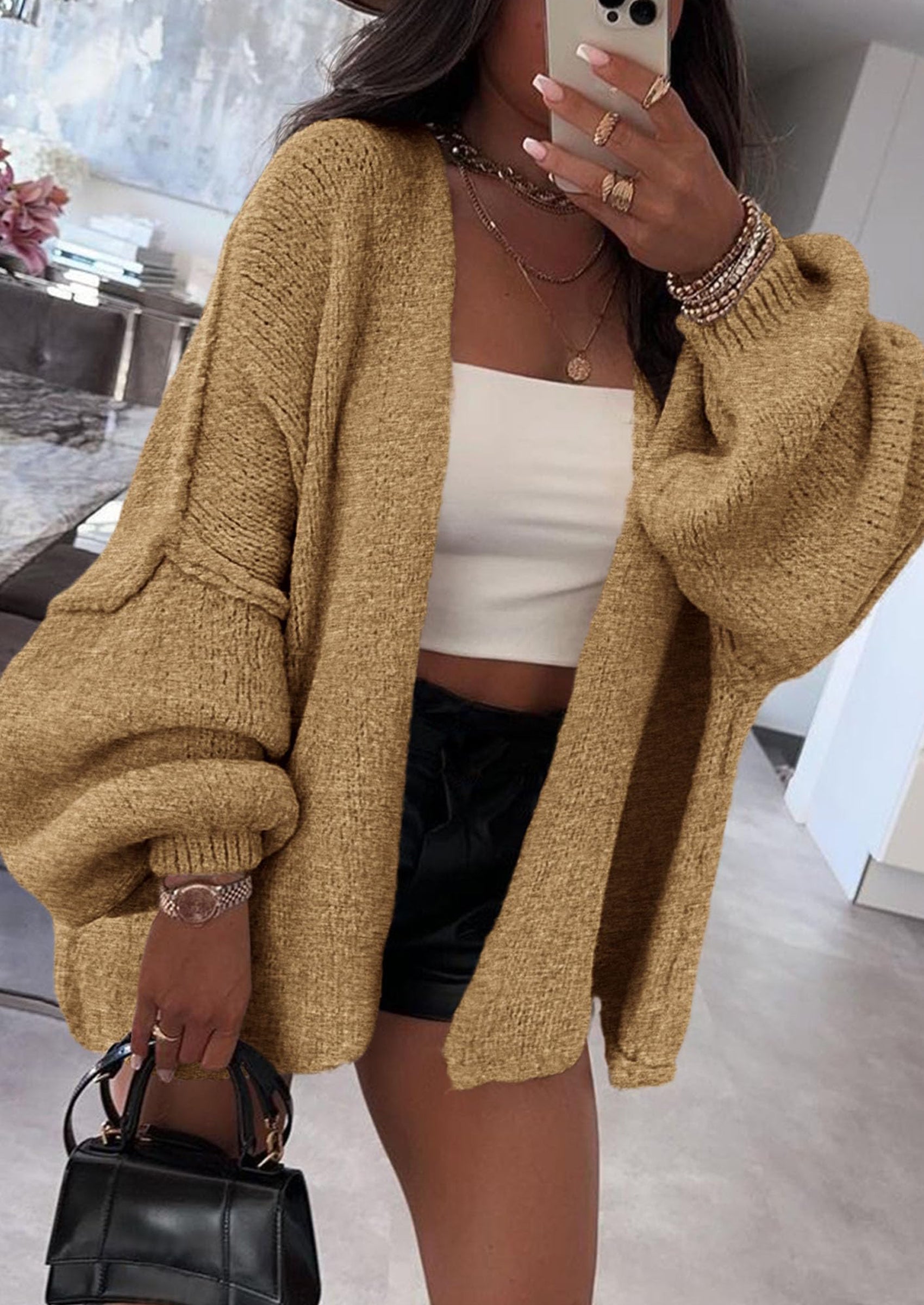 Womens Oversized Cardigan Sweaters Fall Long Lantern Sleeve Knit Open Front Lightweight Sweater