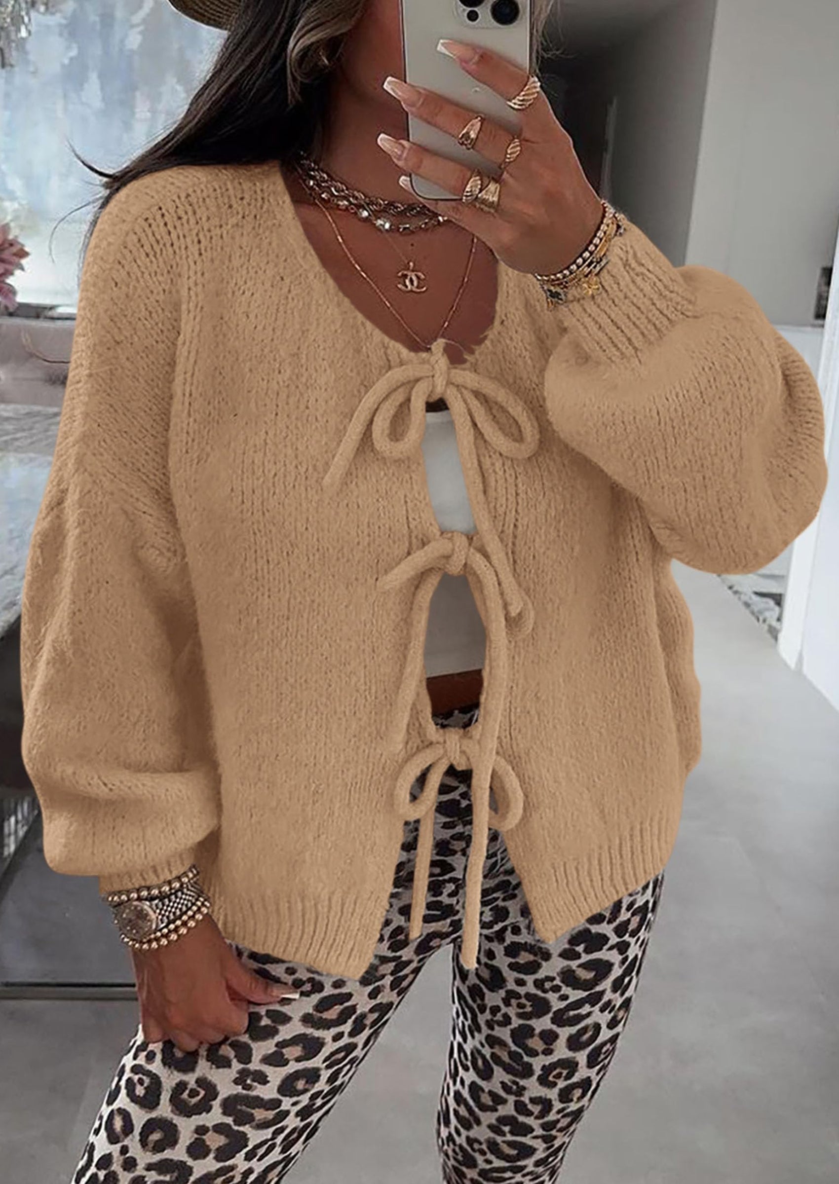 Women's Tie Front Bow Cardigan Sweaters Chunky Knit Long Puff Sleeve Trendy Fall Winter Jacket Coats