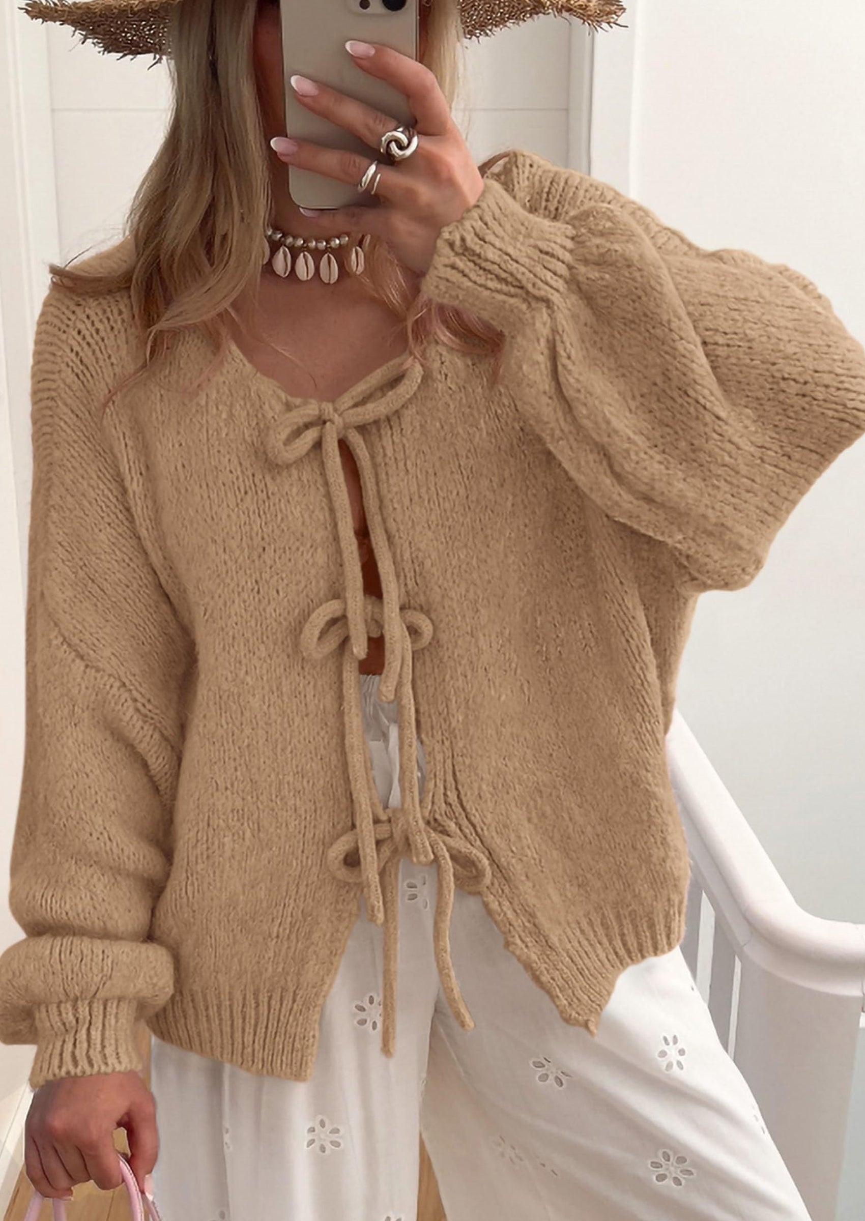 Women's Tie Front Bow Cardigan Sweaters Chunky Knit Long Puff Sleeve Trendy Fall Winter Jacket Coats