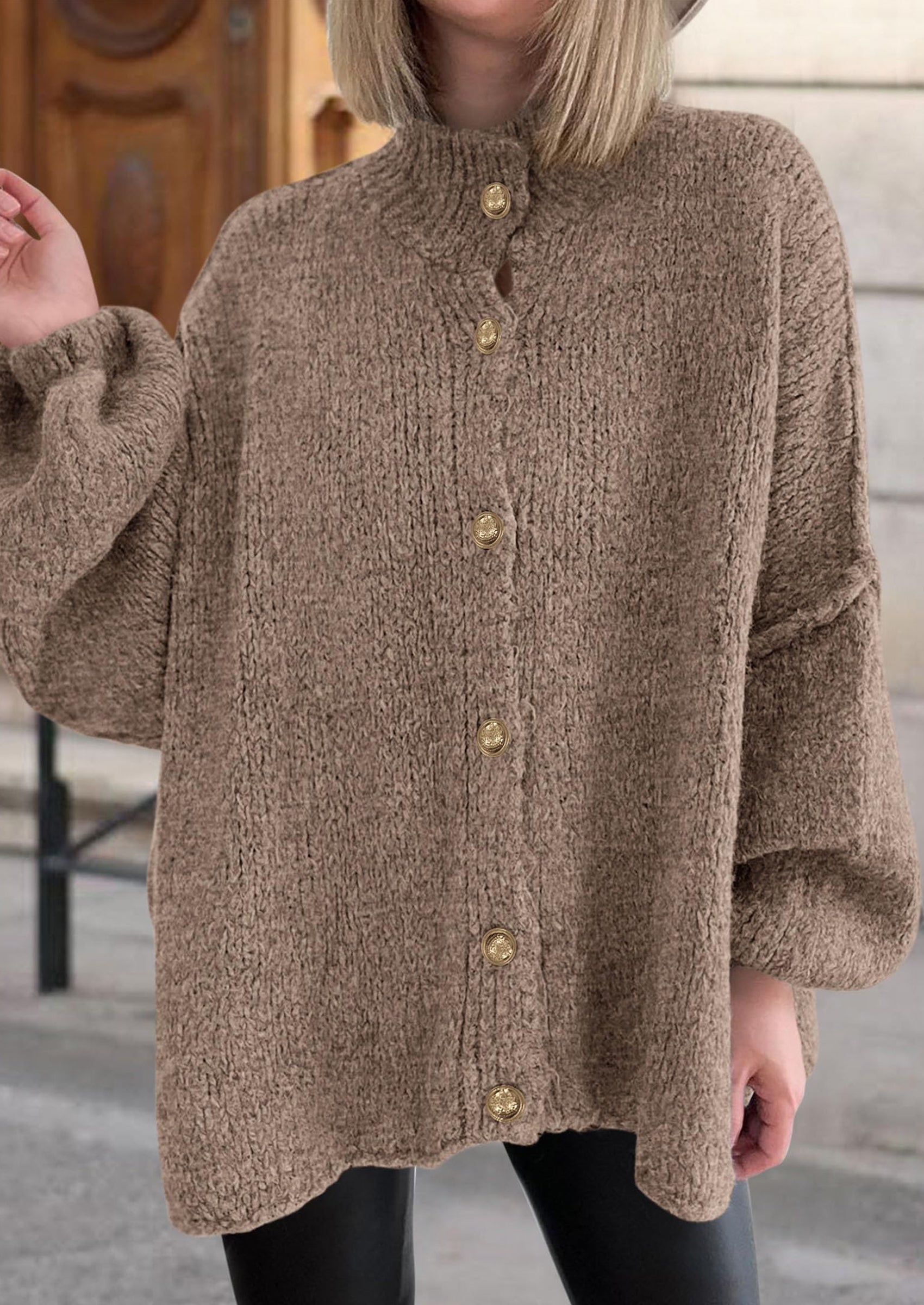 Women's Winter Button Down Cardigan Sweaters Mock Neck Lantern Long Sleeve Chunky Knit Jacket Trendy Outerwear