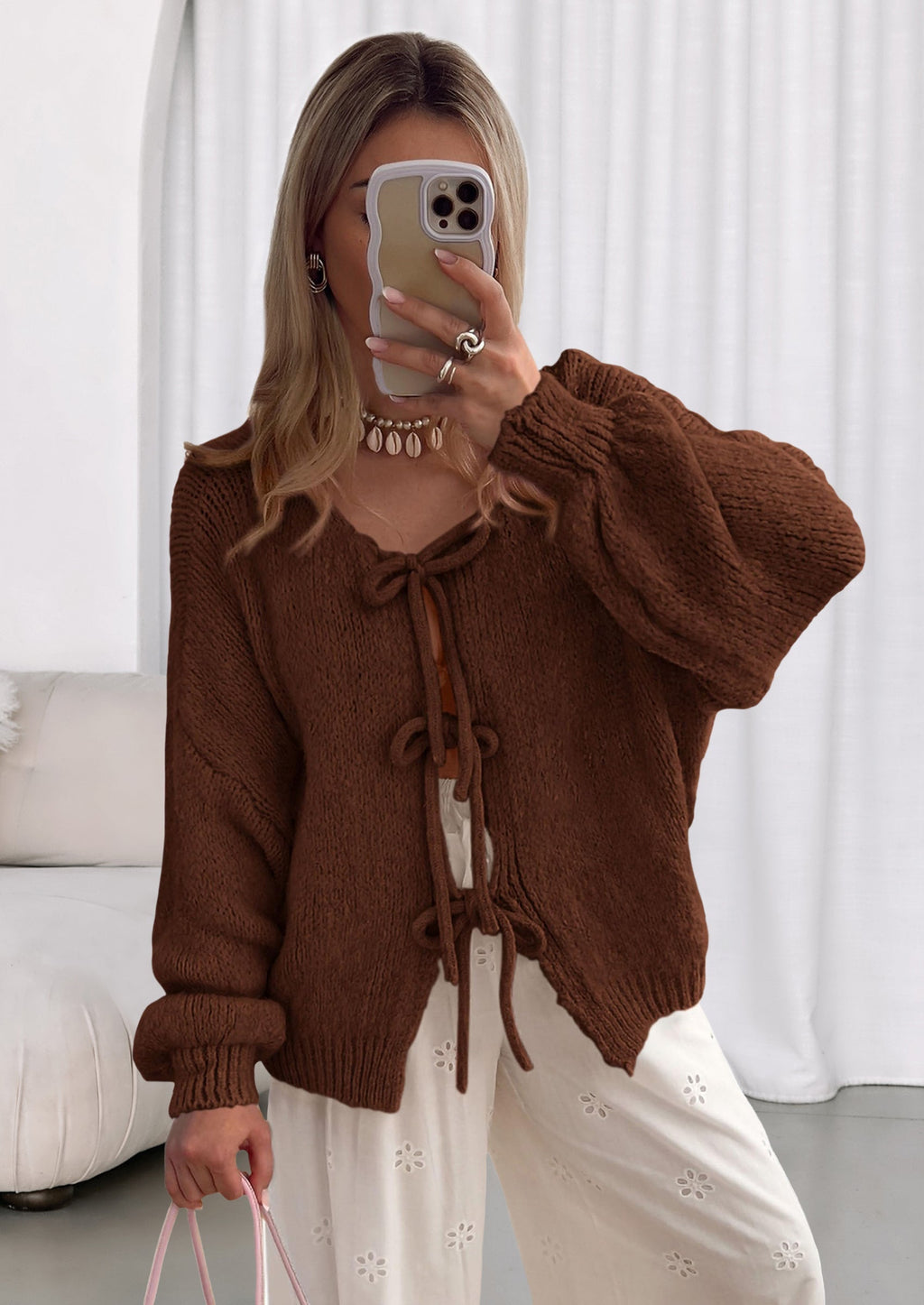 Women's Tie Front Bow Cardigan Sweaters Chunky Knit Long Puff Sleeve Trendy Fall Winter Jacket Coats