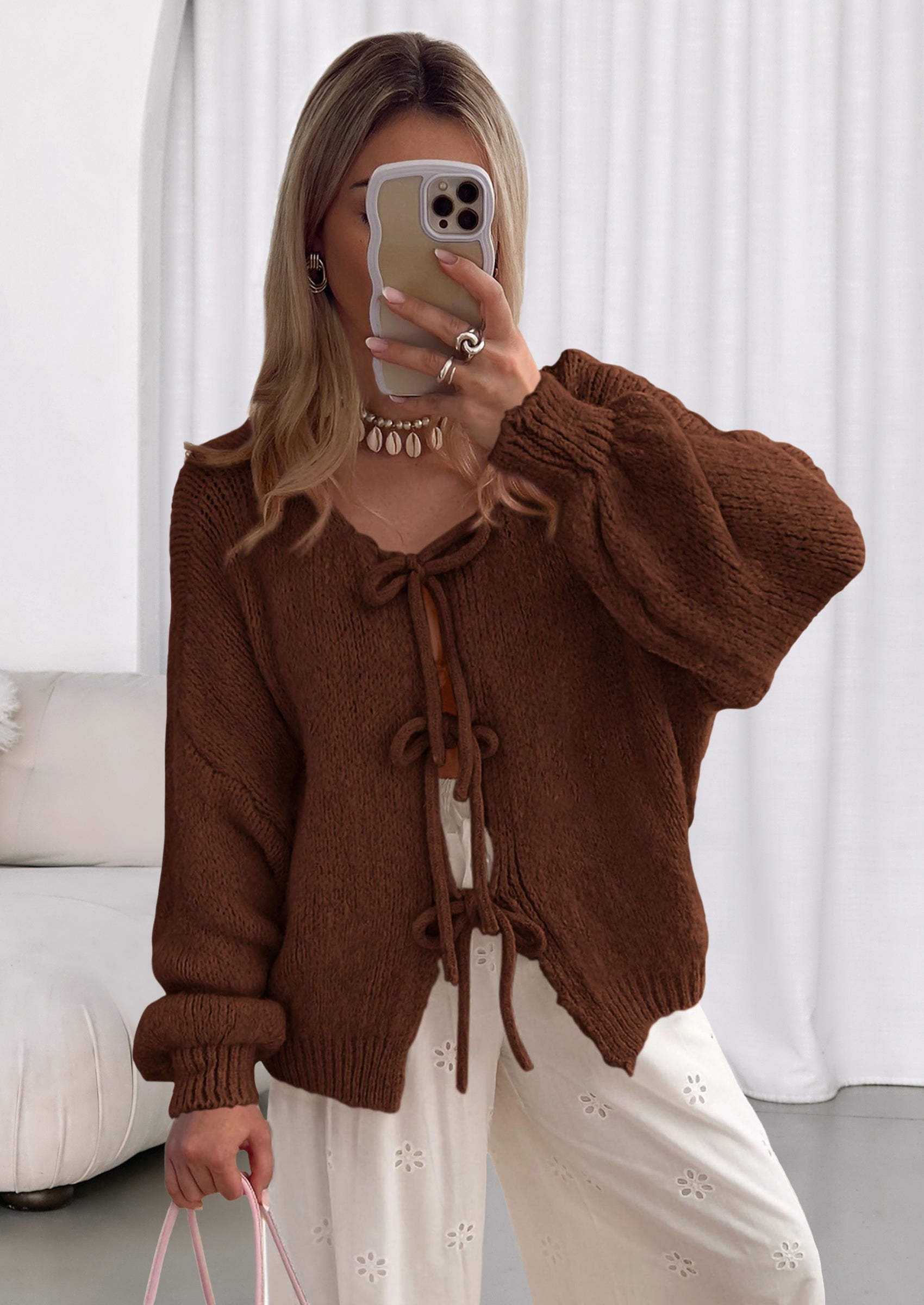 Women's Tie Front Bow Cardigan Sweaters Chunky Knit Long Puff Sleeve Trendy Fall Winter Jacket Coats