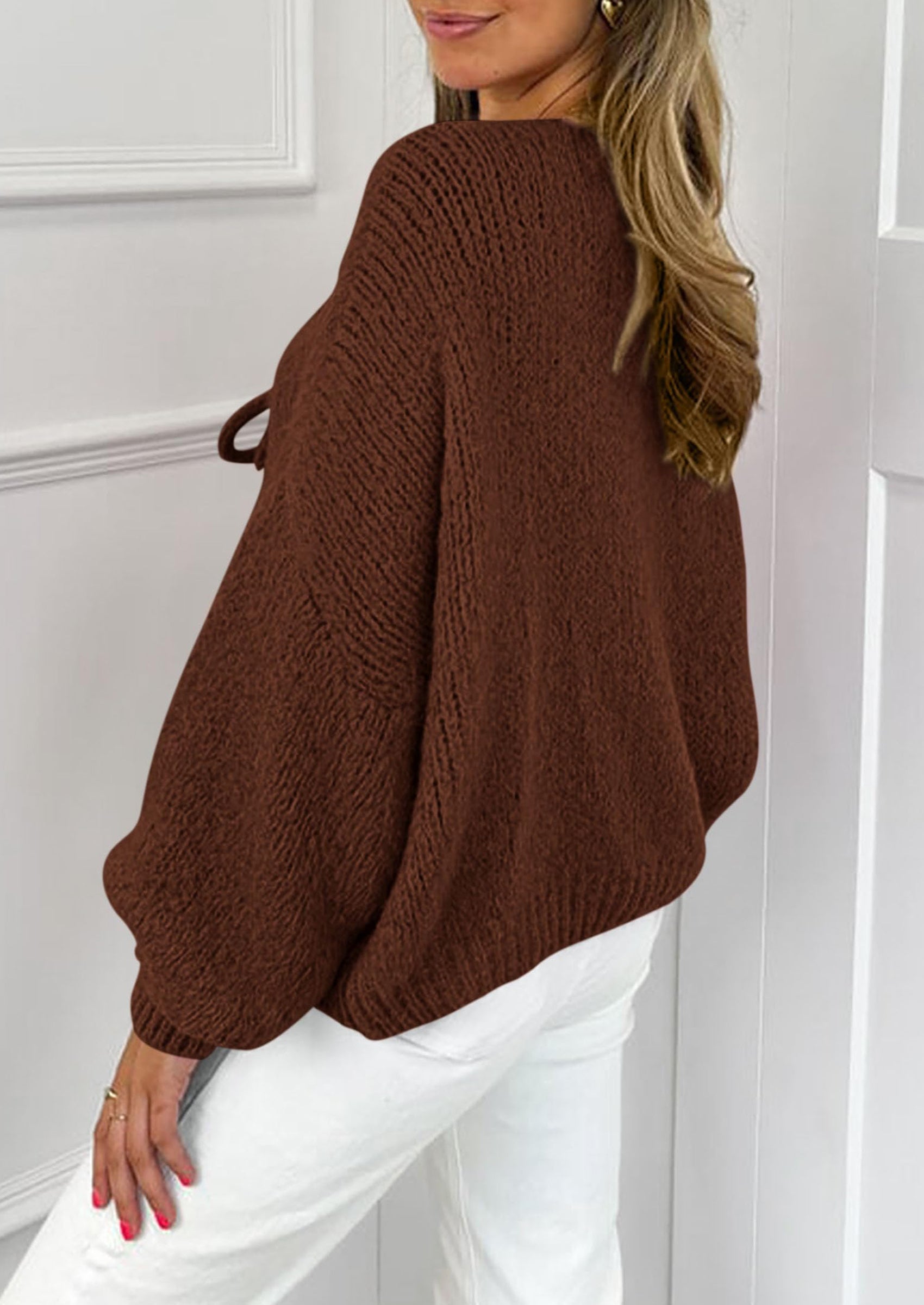 Women's Tie Front Bow Cardigan Sweaters Chunky Knit Long Puff Sleeve Trendy Fall Winter Jacket Coats