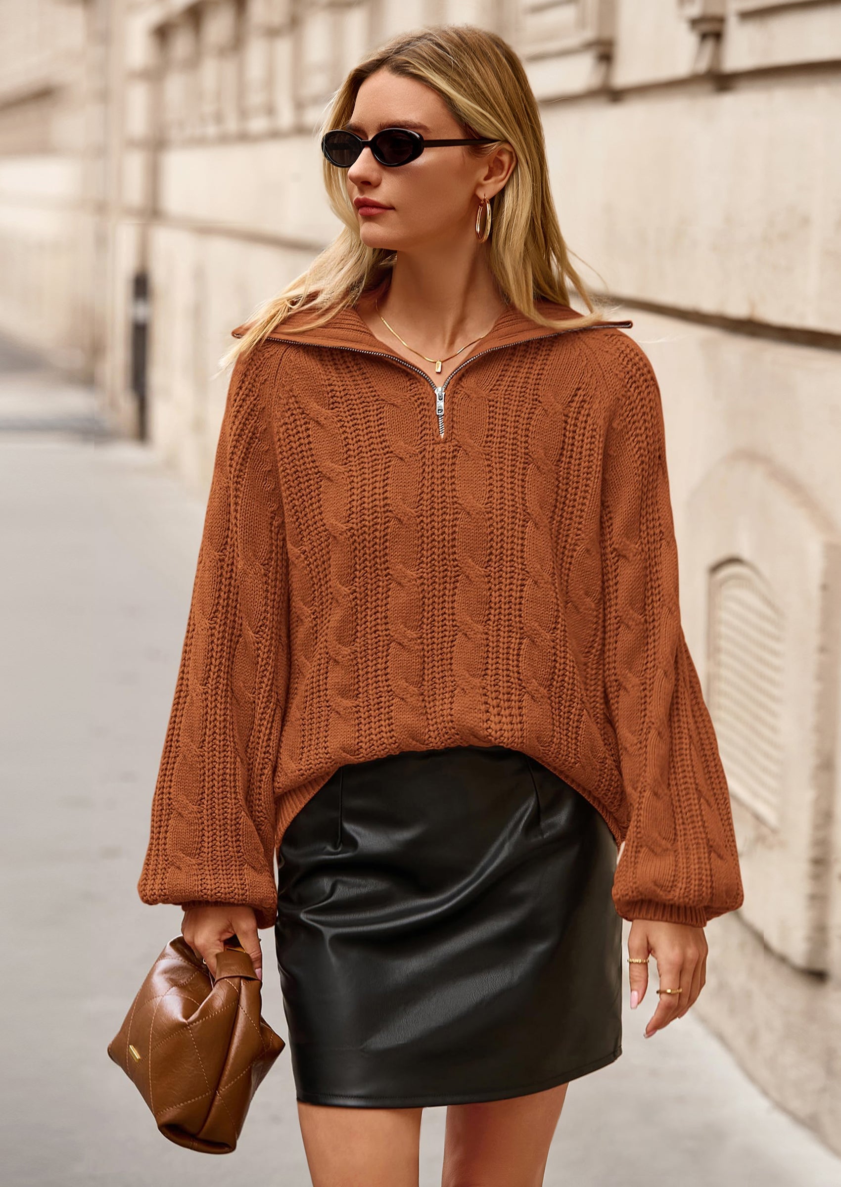 Sweaters for Women Fall Fashion Loose Quarter Zip Pullover Collared Long Sleeve Cable Knit Winter Clothes