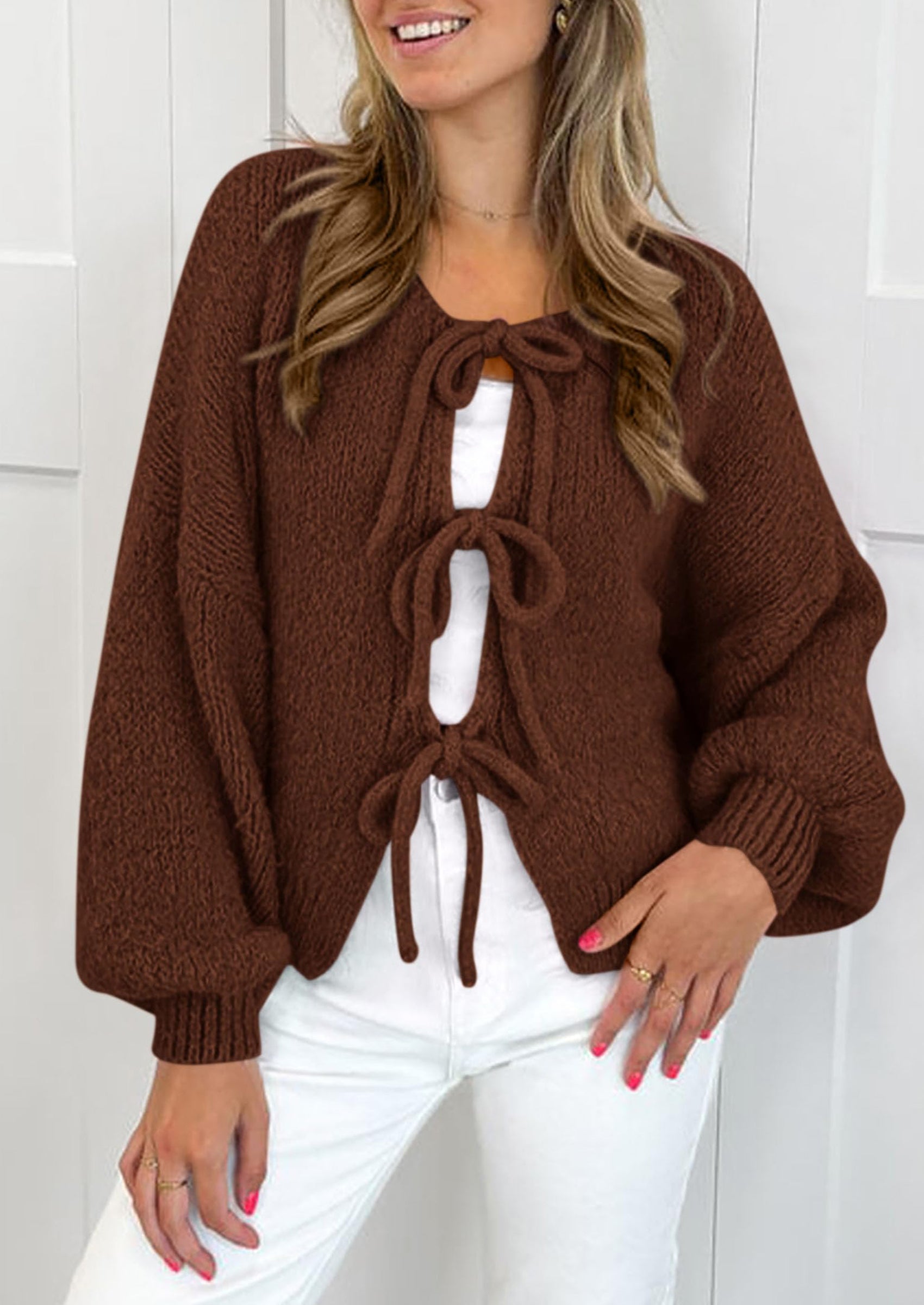 Women's Tie Front Bow Cardigan Sweaters Chunky Knit Long Puff Sleeve Trendy Fall Winter Jacket Coats