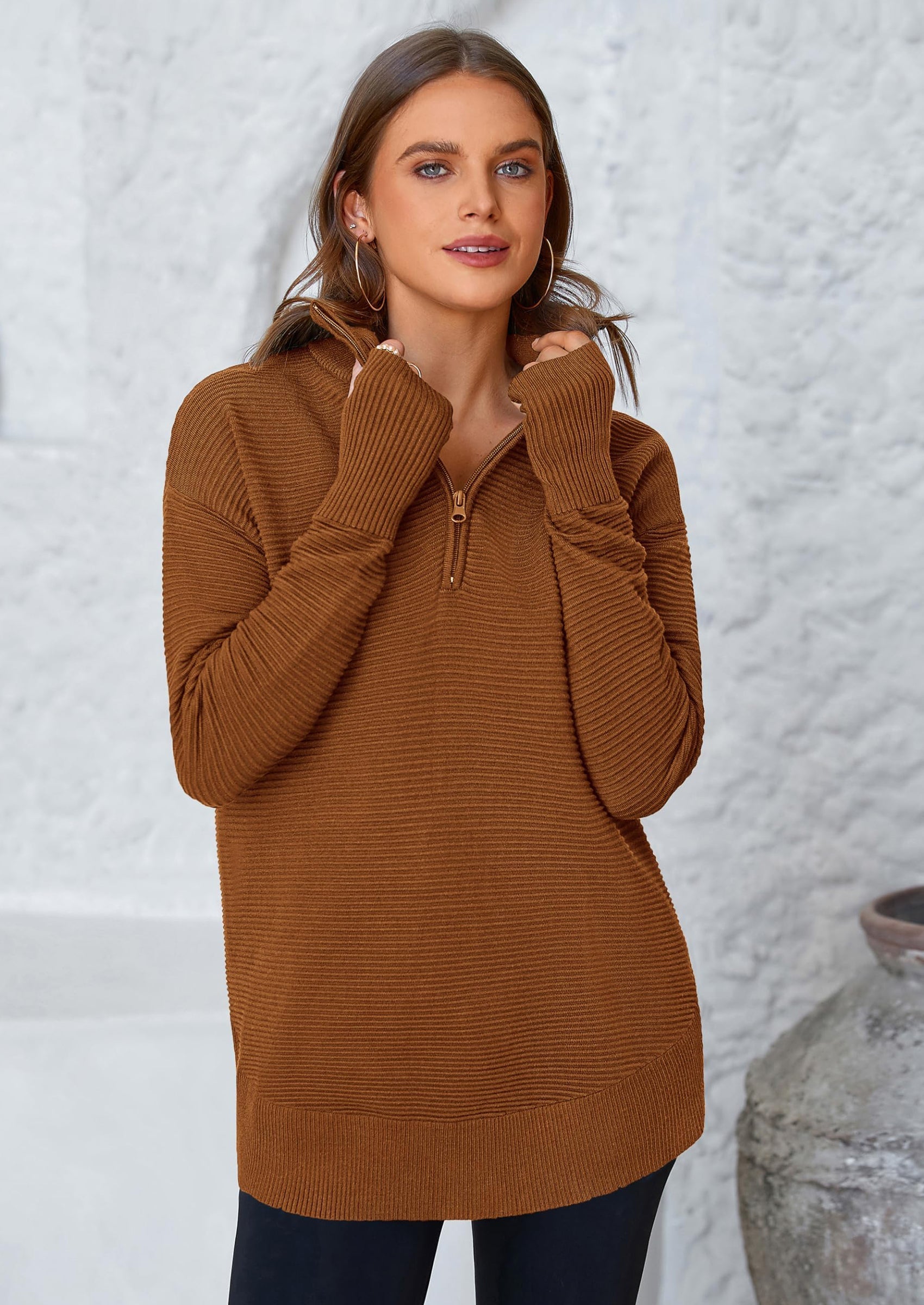 Womens Long Sleeve Quarter Zip Pullover Sweater Casual Loose V Neck Collared Ribbed Knit Jumper Tops Thumb Hole