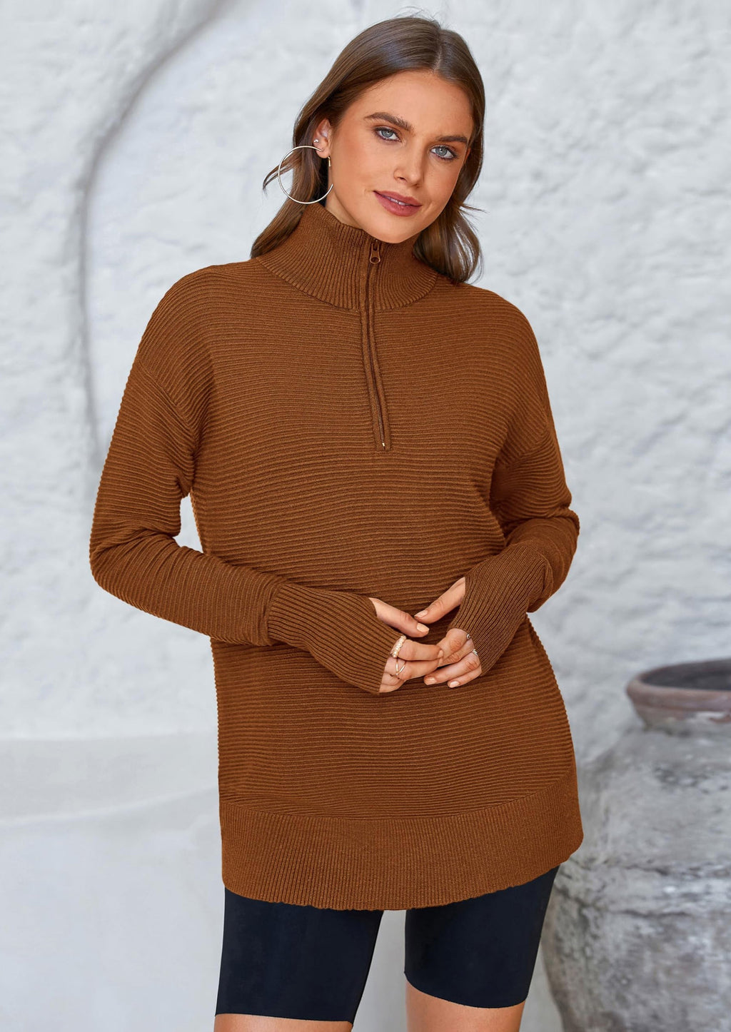Womens Long Sleeve Quarter Zip Pullover Sweater Casual Loose V Neck Collared Ribbed Knit Jumper Tops Thumb Hole