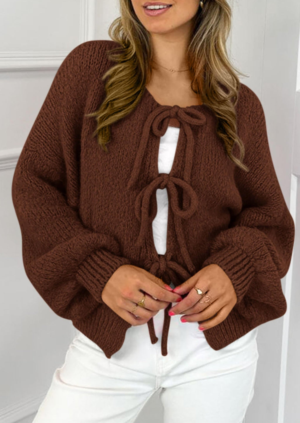 Women's Tie Front Bow Cardigan Sweaters Chunky Knit Long Puff Sleeve Trendy Fall Winter Jacket Coats