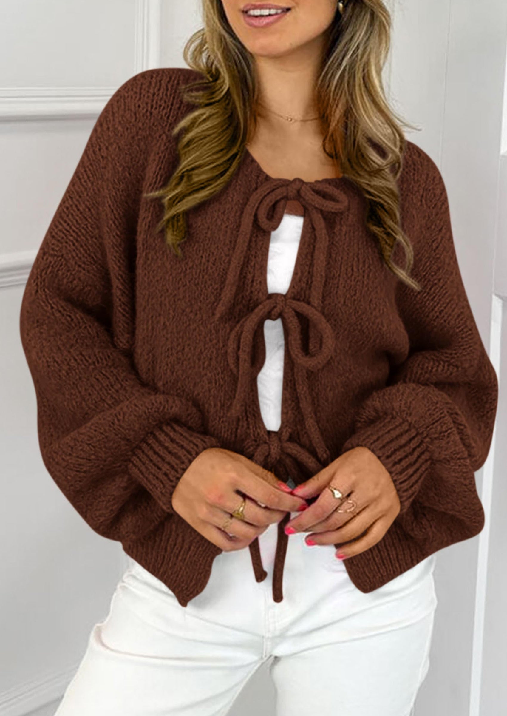 Women's Tie Front Bow Cardigan Sweaters Chunky Knit Long Puff Sleeve Trendy Fall Winter Jacket Coats