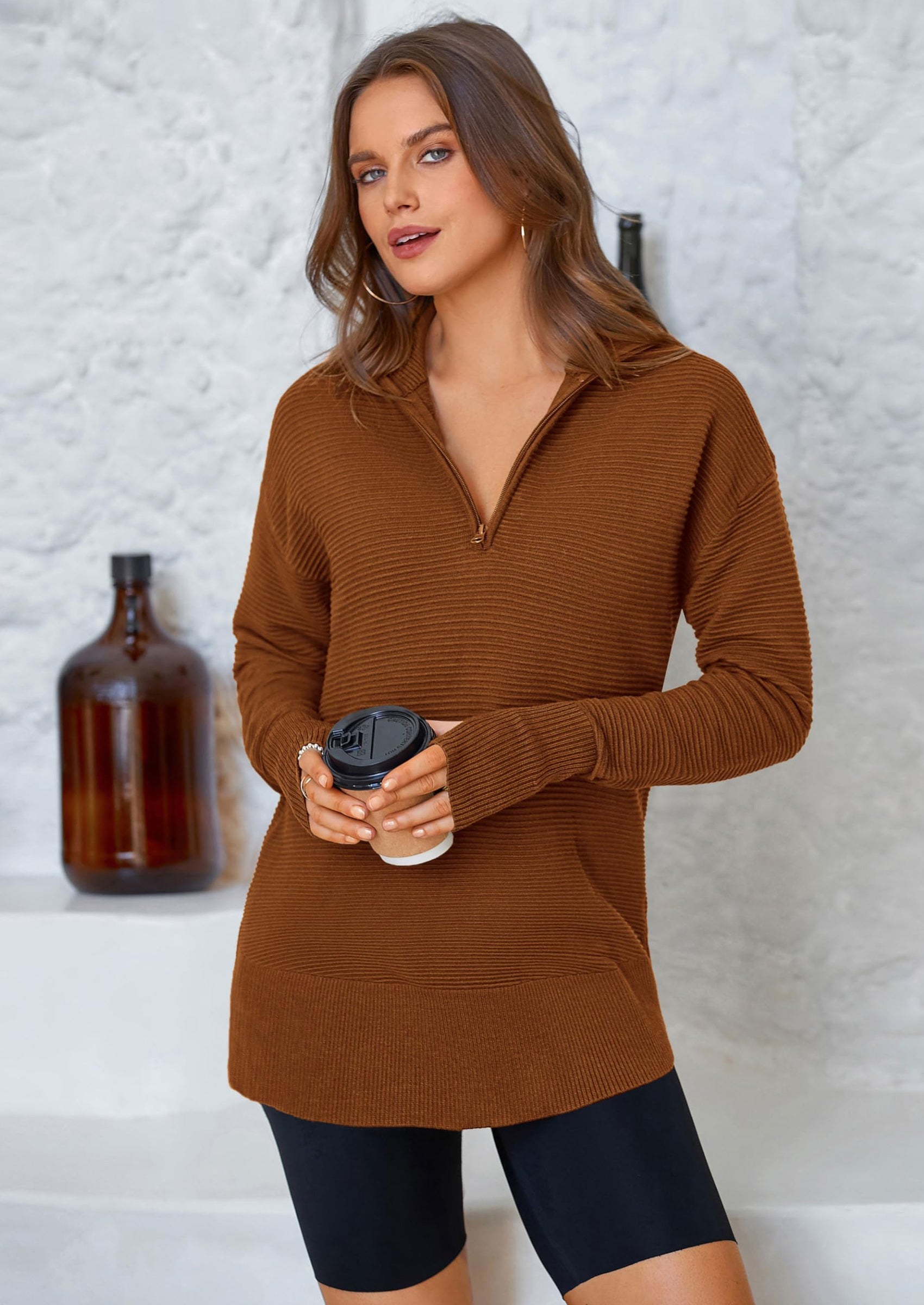 Womens Long Sleeve Quarter Zip Pullover Sweater Casual Loose V Neck Collared Ribbed Knit Jumper Tops Thumb Hole