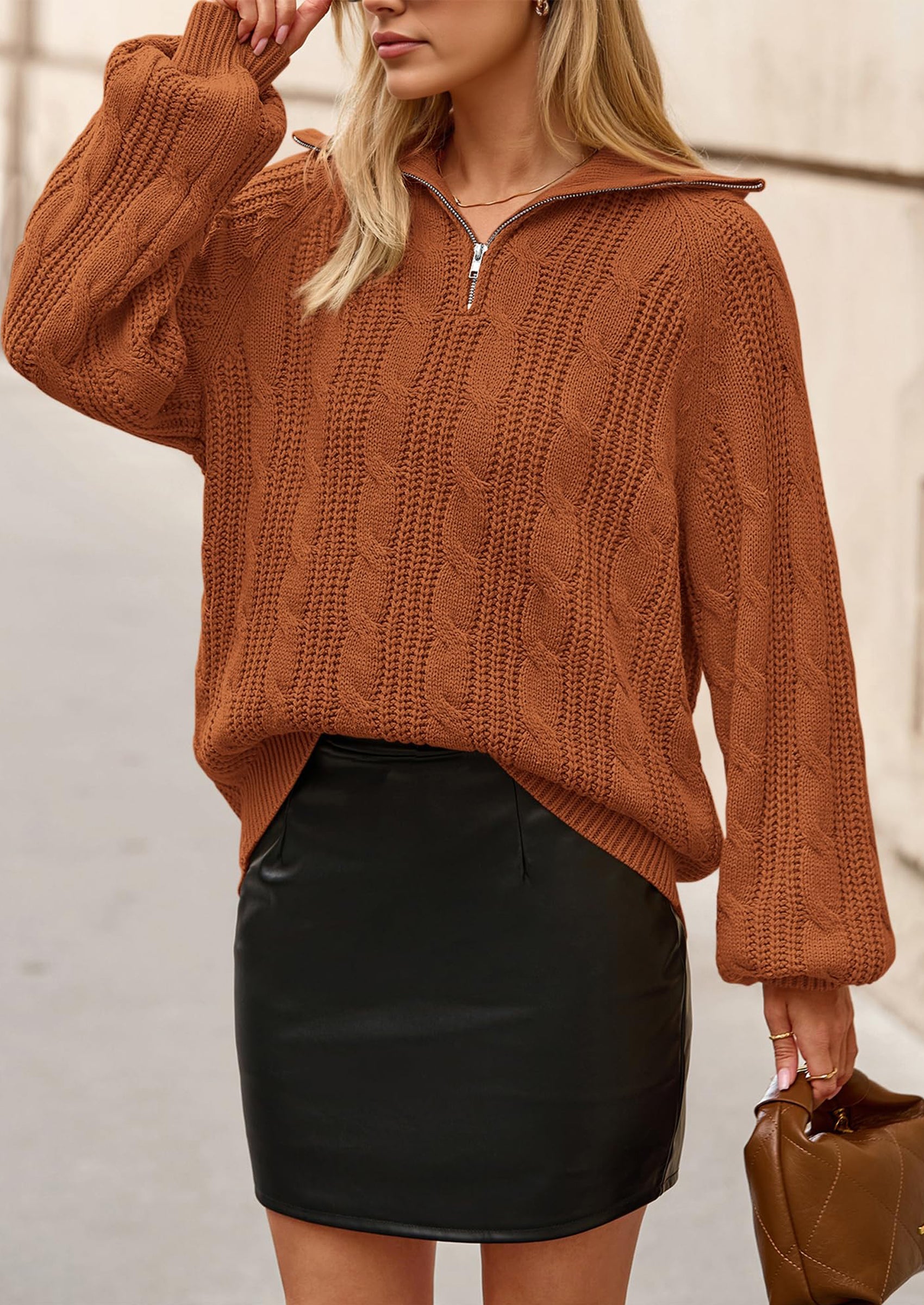 Sweaters for Women Fall Fashion Loose Quarter Zip Pullover Collared Long Sleeve Cable Knit Winter Clothes