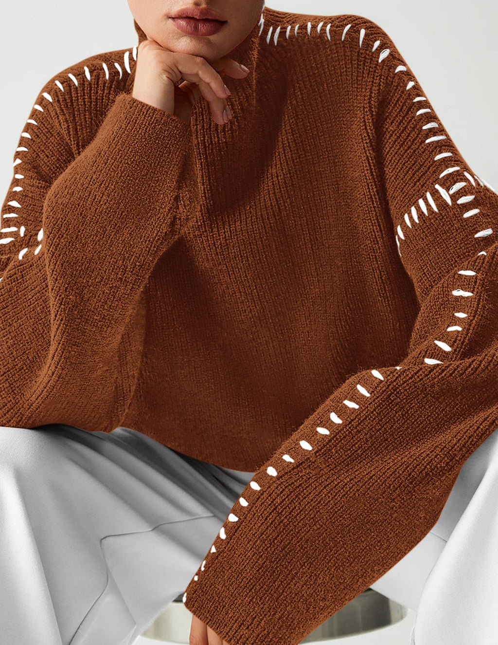 Women's Chunky Knit Sweaters Fall Long Sleeve Mock Neck Oversized Pullover Tops Winter Fashion Clothes