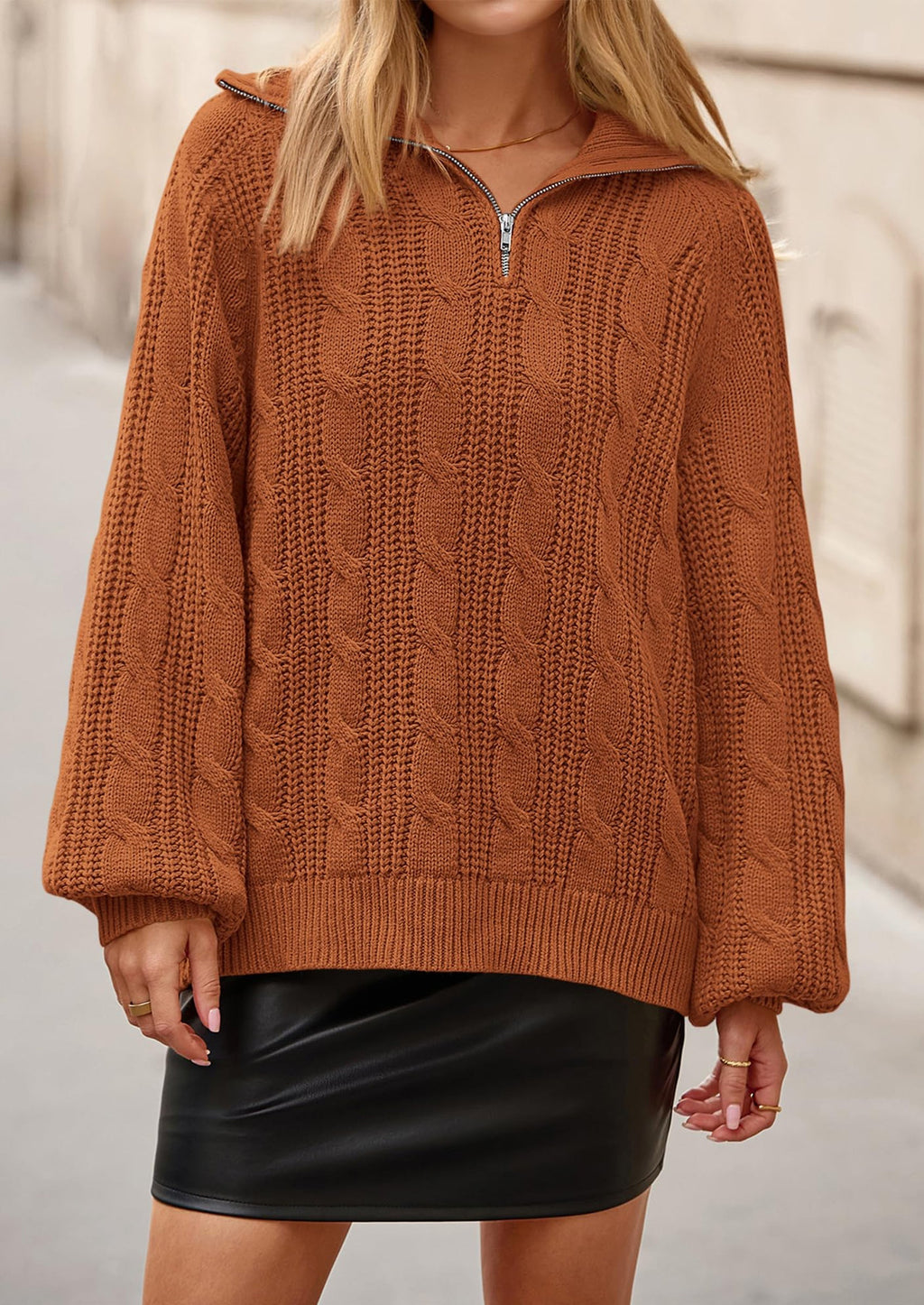 Sweaters for Women Fall Fashion Loose Quarter Zip Pullover Collared Long Sleeve Cable Knit Winter Clothes