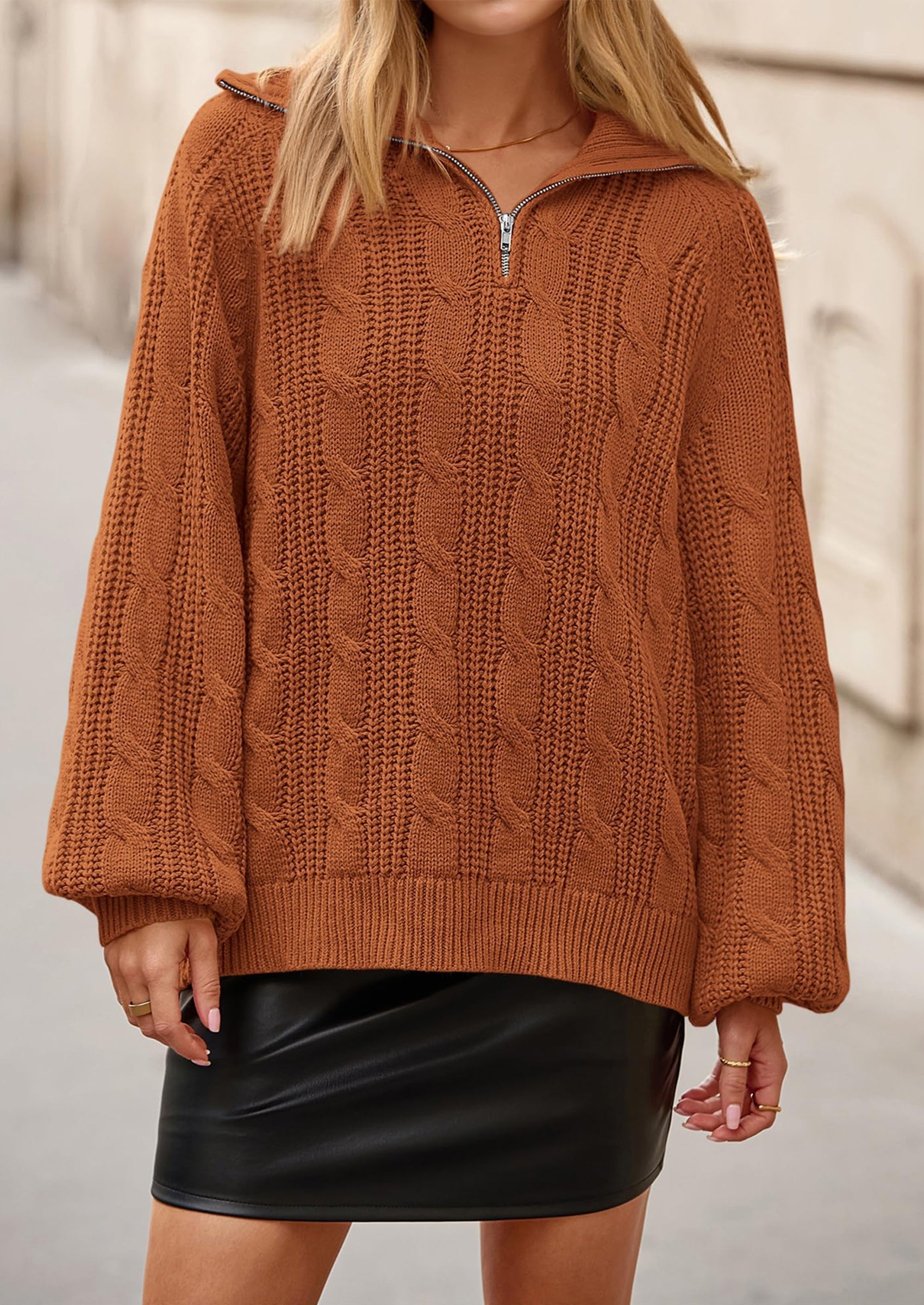 Sweaters for Women Fall Fashion Loose Quarter Zip Pullover Collared Long Sleeve Cable Knit Winter Clothes