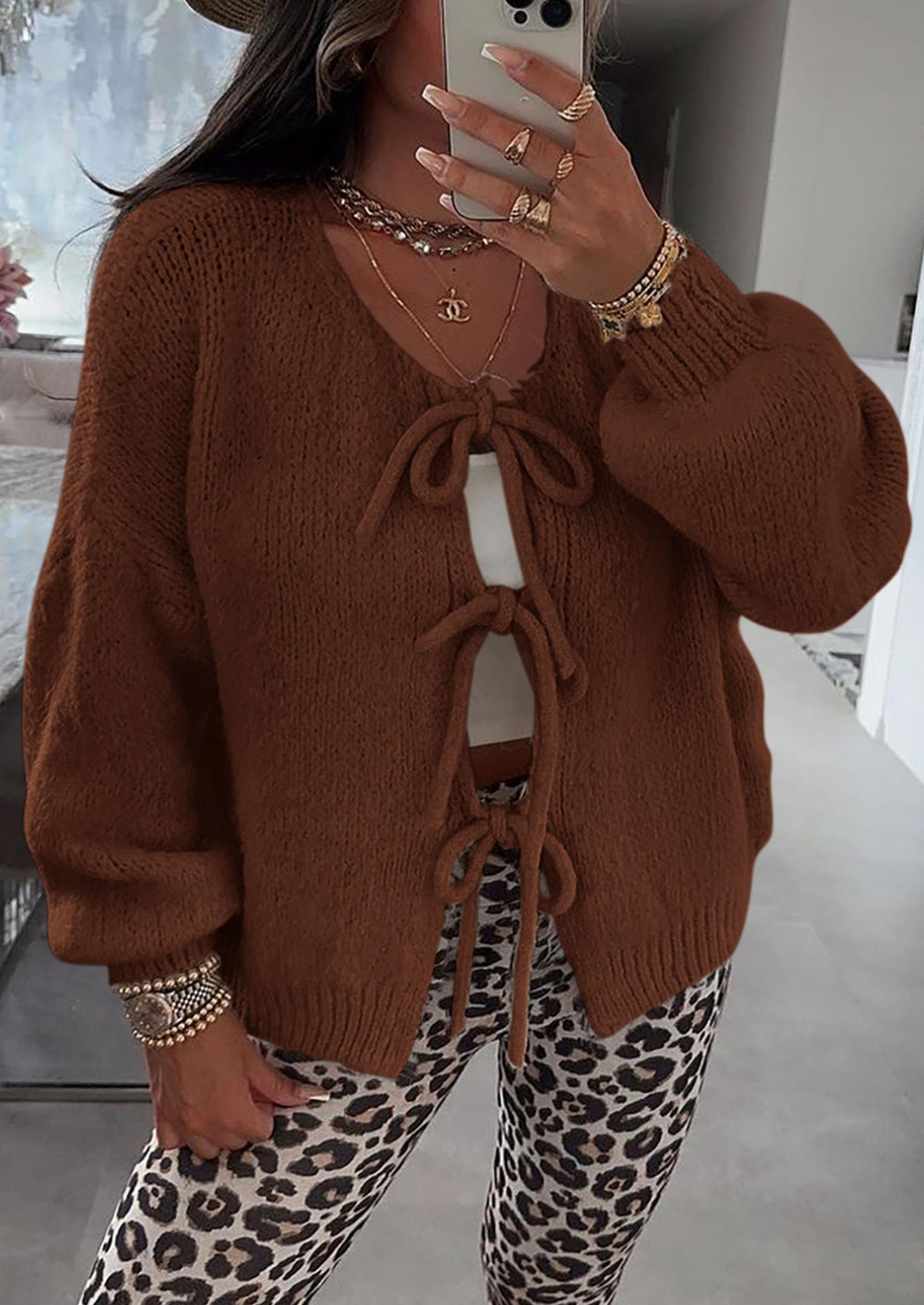 Women's Tie Front Bow Cardigan Sweaters Chunky Knit Long Puff Sleeve Trendy Fall Winter Jacket Coats