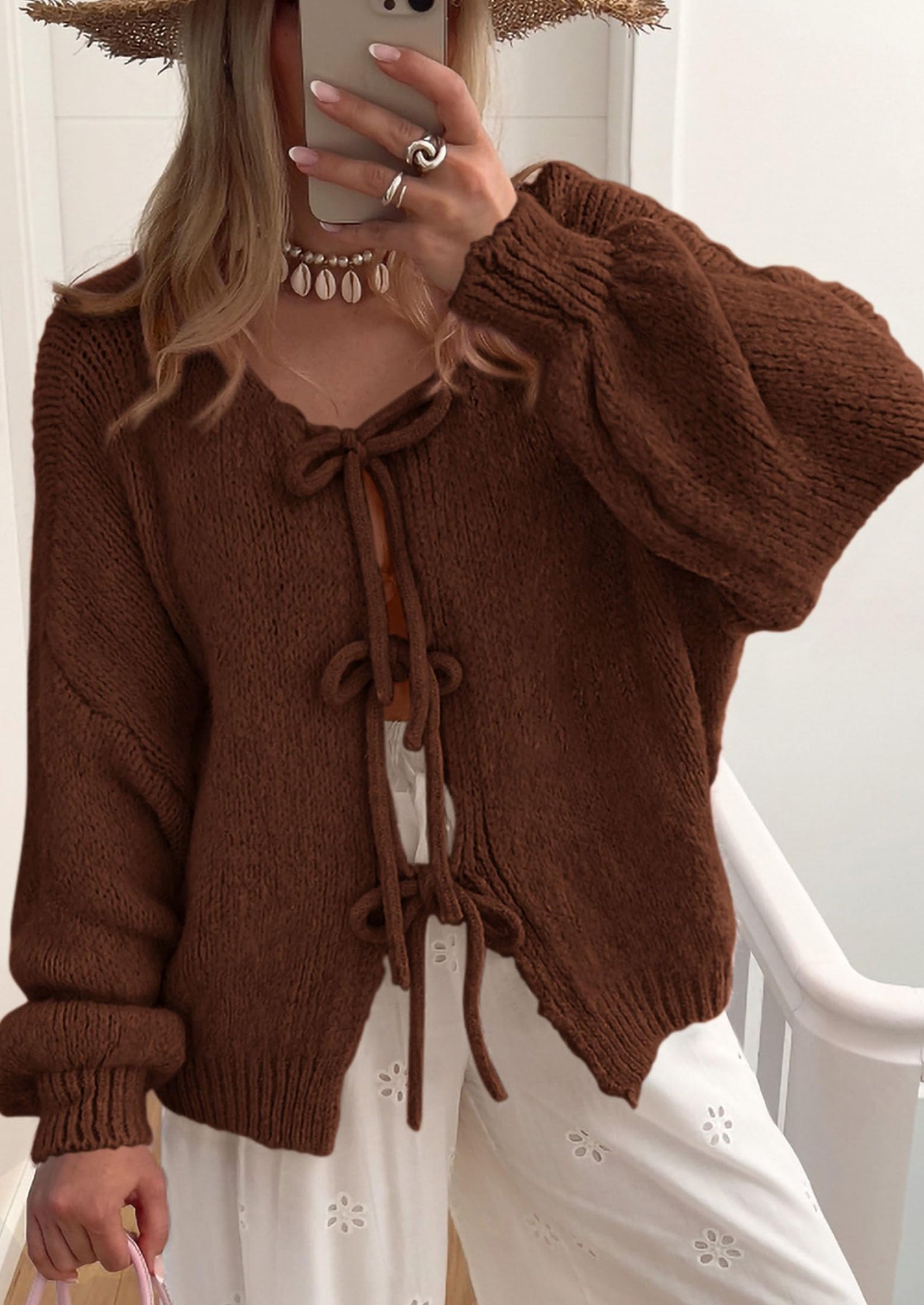 Women's Tie Front Bow Cardigan Sweaters Chunky Knit Long Puff Sleeve Trendy Fall Winter Jacket Coats