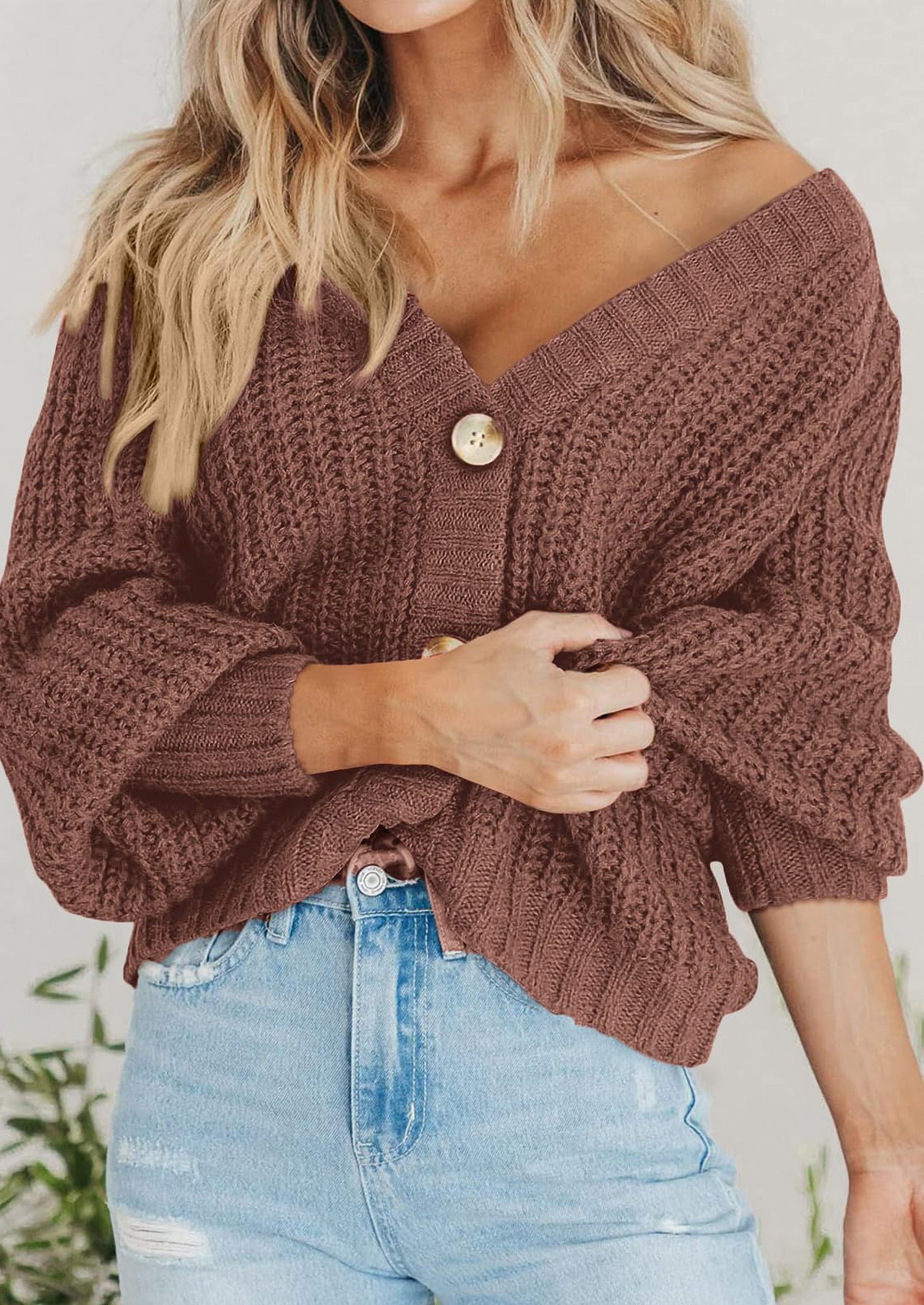 Women's Chunky Knit Open Front Sweater Long Sleeve Button Loose Short Cardigan Outerwear Coats