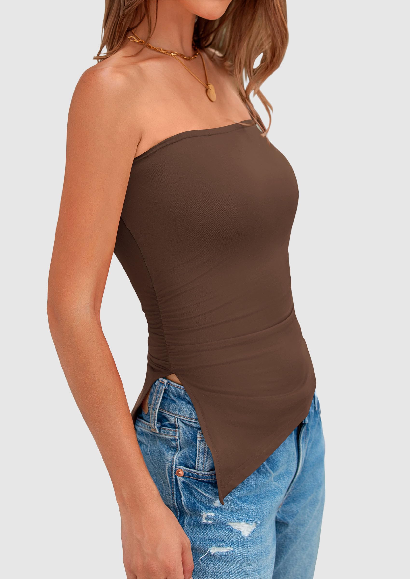 Womens Summer Tube Tops Trendy Strapless Ruched Going Out Tops Outfits Asymmetrical Bandeau Shirts