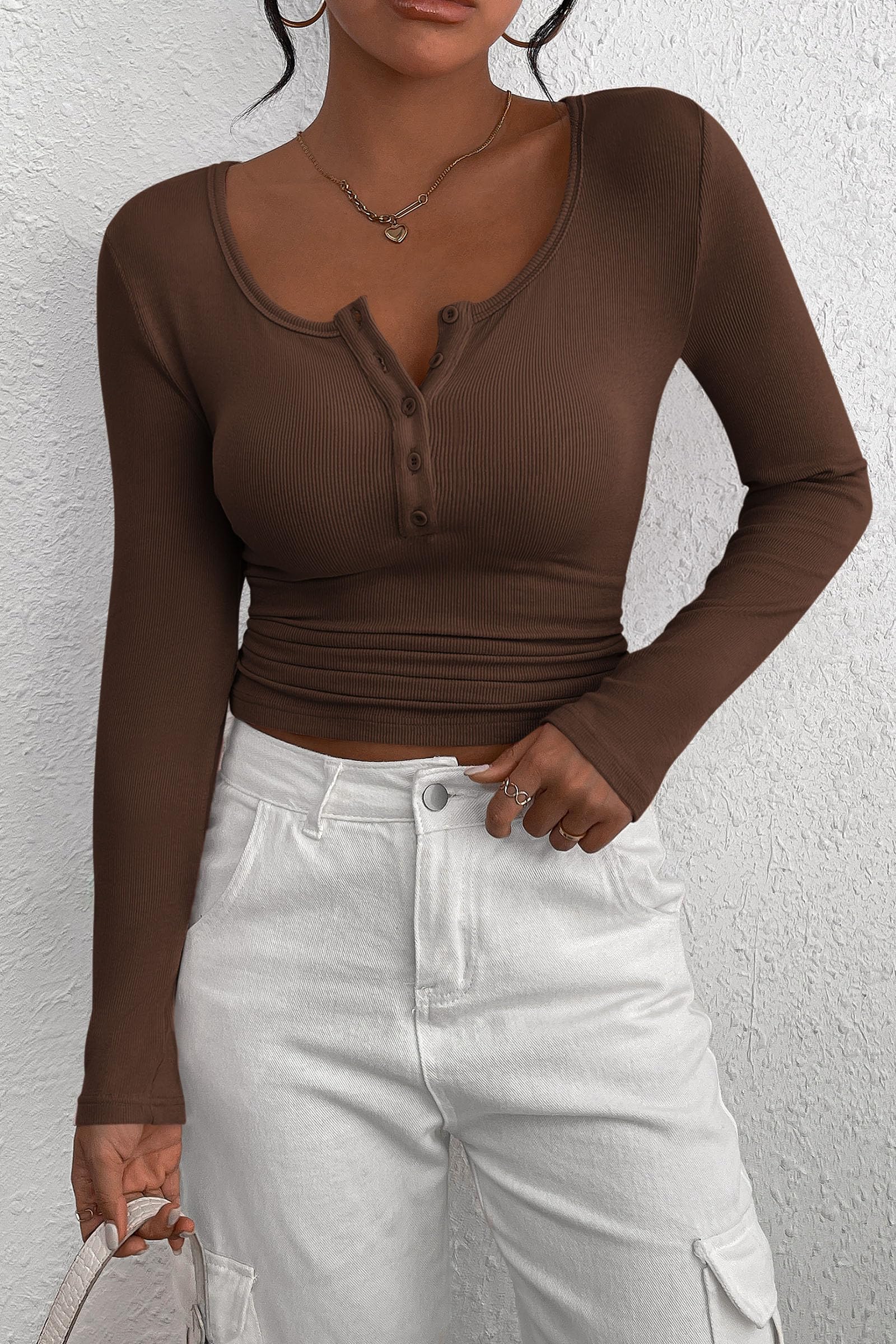 Women's Spring Fall Long Sleeve Henley T Shirts Button Ribbed Knit Slim Fit Casual Basic Tops Blouse