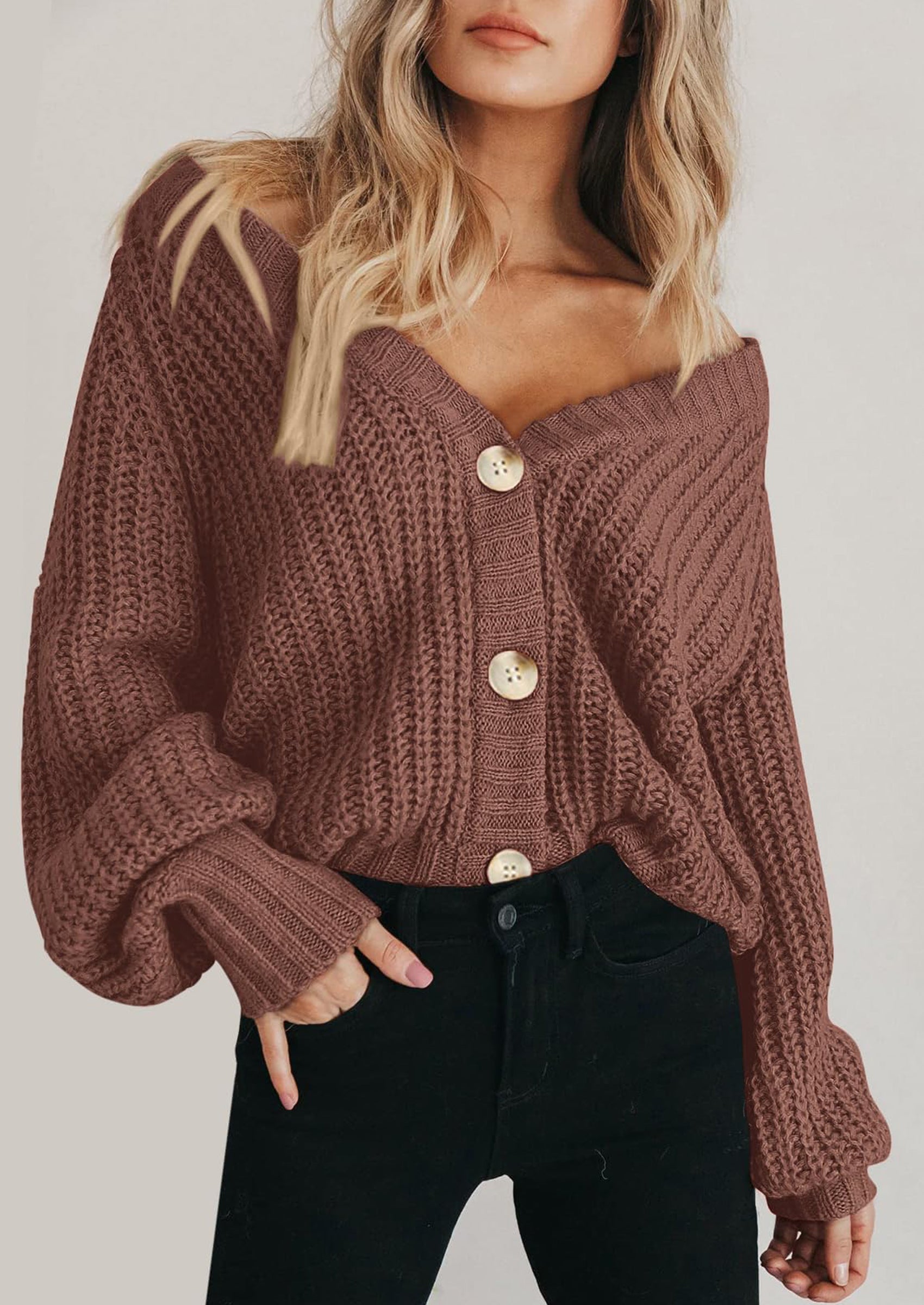 Women's Chunky Knit Open Front Sweater Long Sleeve Button Loose Short Cardigan Outerwear Coats