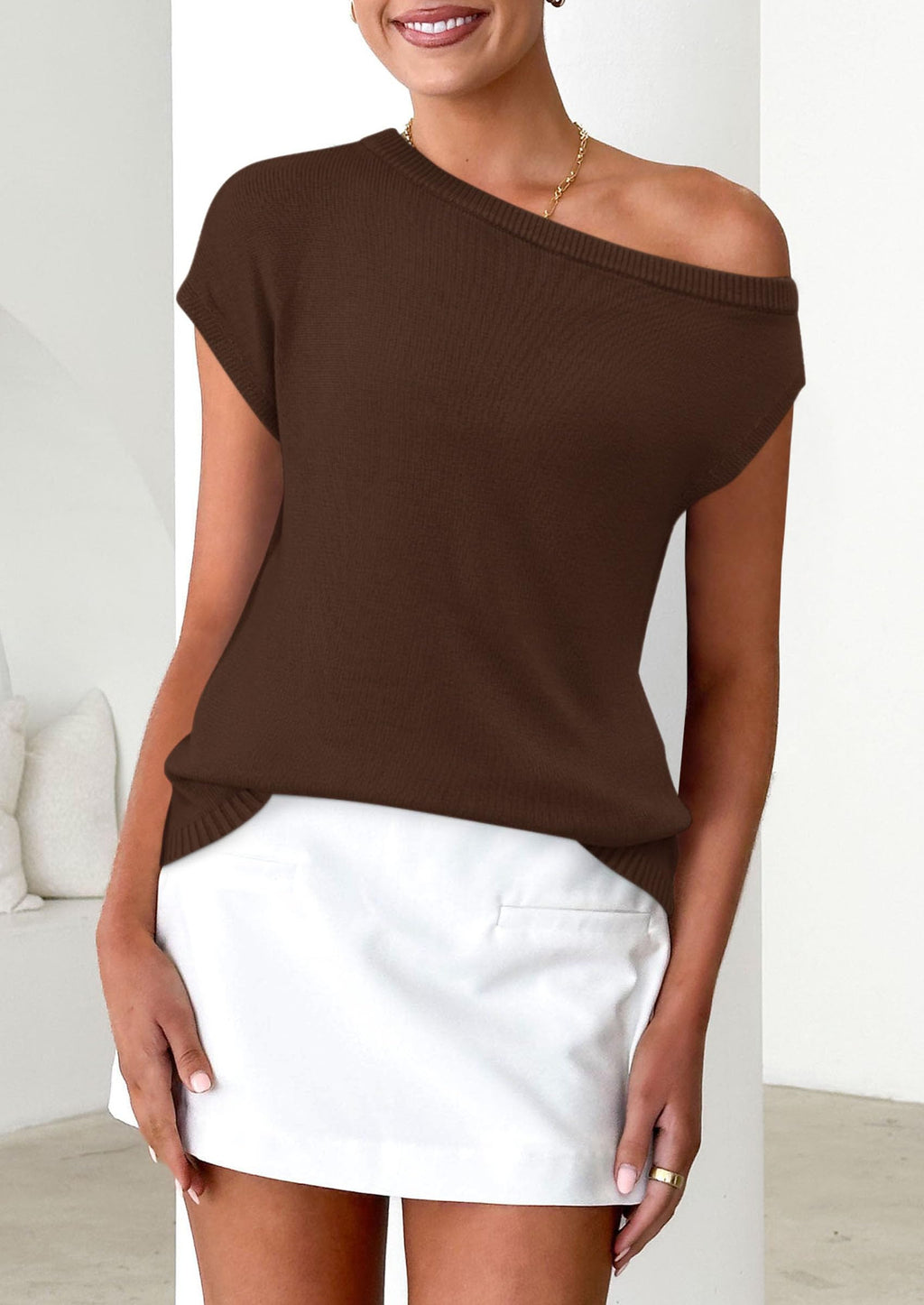 Womens Off The Shoulder Tops Summer Casual Short Sleeve Tunic T Shirts Lightweight Knit Sweaters