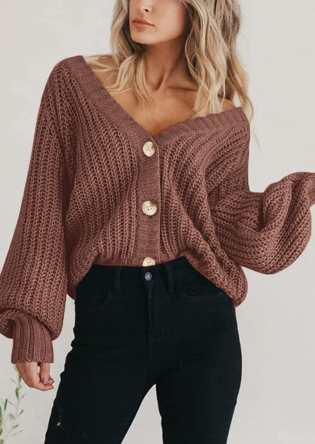 Women's Chunky Knit Open Front Sweater Long Sleeve Button Loose Short Cardigan Outerwear Coats