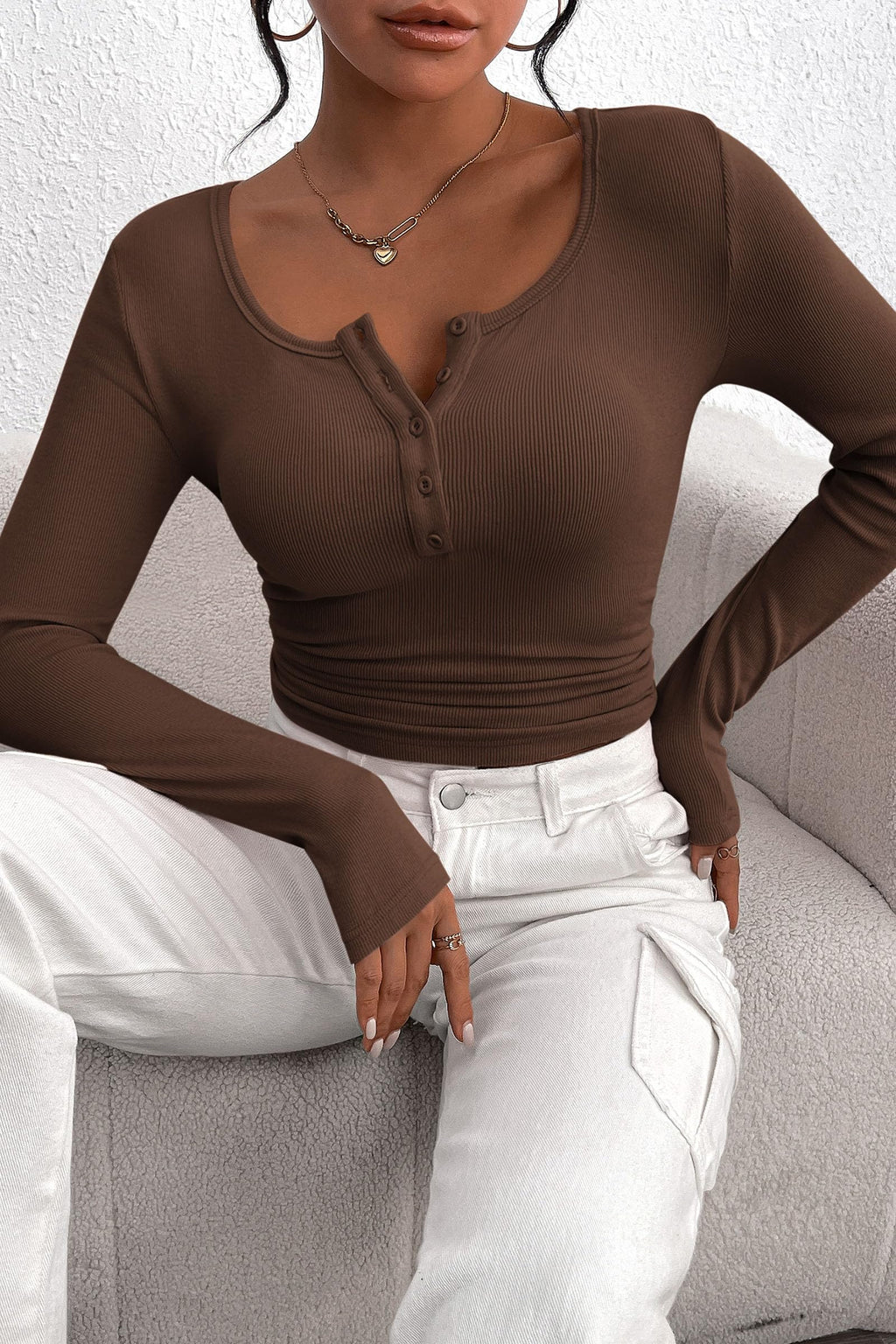 Women's Spring Fall Long Sleeve Henley T Shirts Button Ribbed Knit Slim Fit Casual Basic Tops Blouse