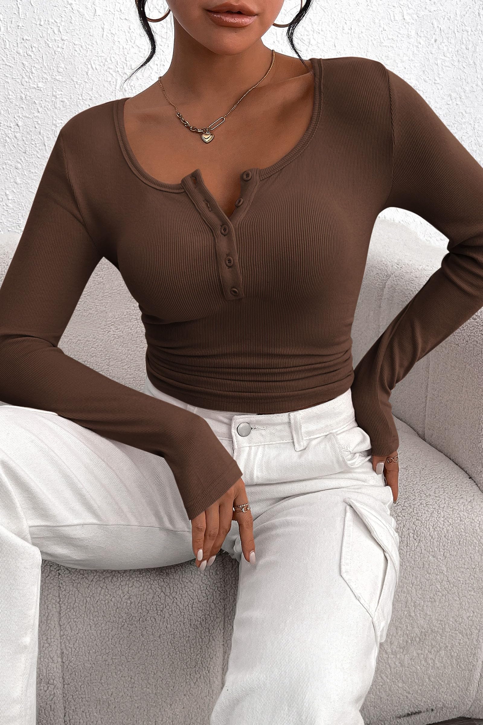 Women's Spring Fall Long Sleeve Henley T Shirts Button Ribbed Knit Slim Fit Casual Basic Tops Blouse