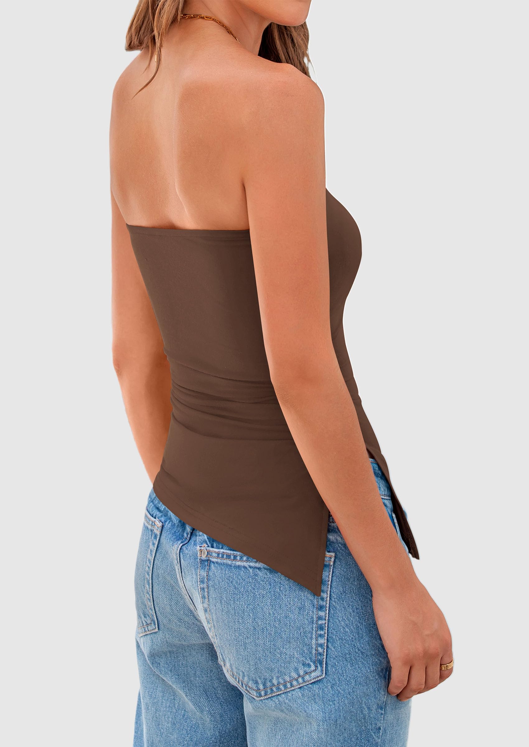 Womens Summer Tube Tops Trendy Strapless Ruched Going Out Tops Outfits Asymmetrical Bandeau Shirts