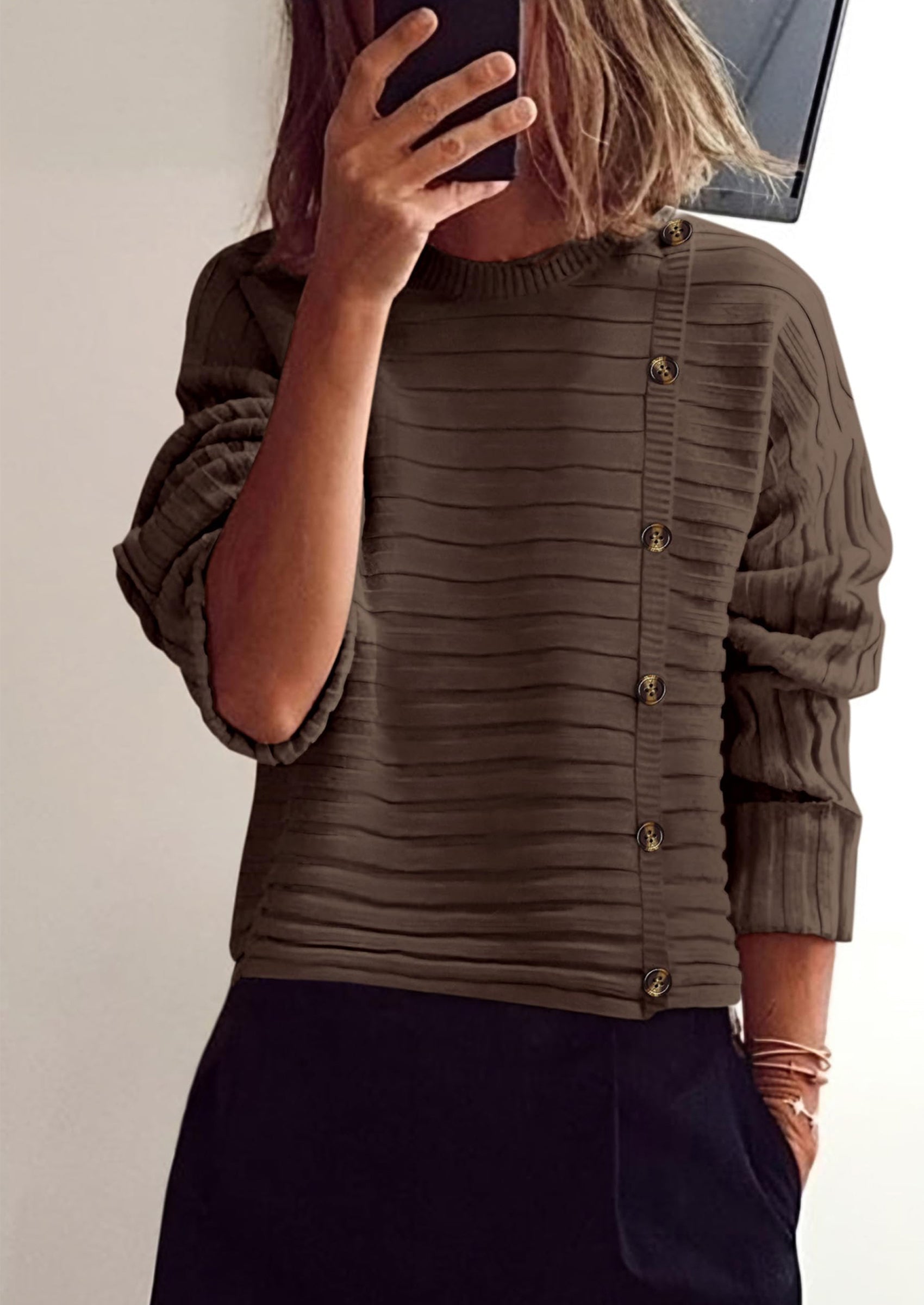 Womens Sweaters Fall Casual Long Sleeve Crewneck Button Loose Winter Knit Pullover Sweater Tops