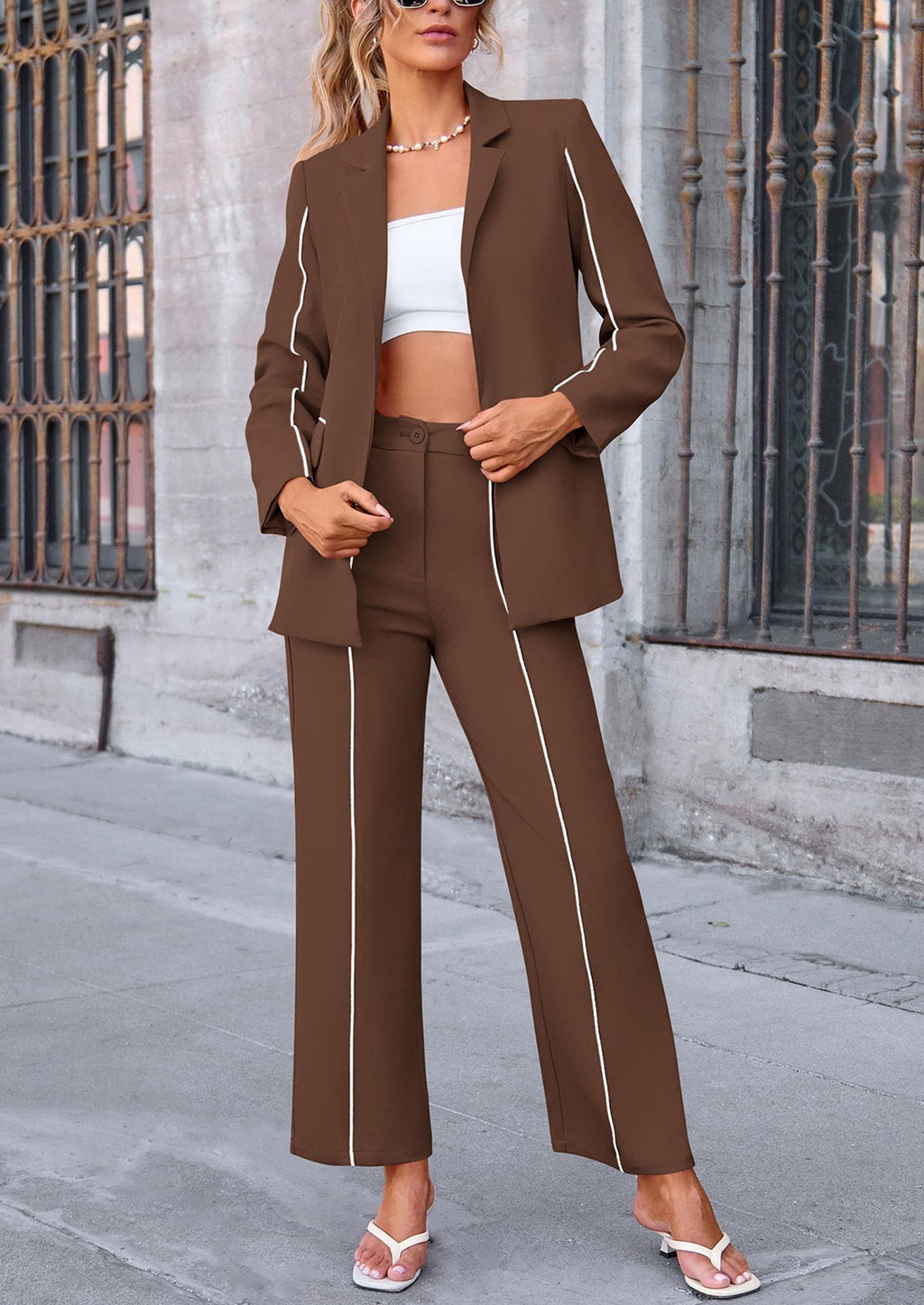 2 Piece Blazer Outfits Business Casual Oversized Jacket Wide Leg Work Pants Dressy Suit Set