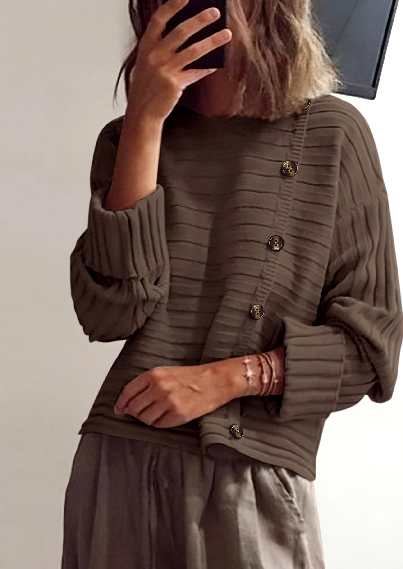 Womens Sweaters Fall Casual Long Sleeve Crewneck Button Loose Winter Knit Pullover Sweater Tops