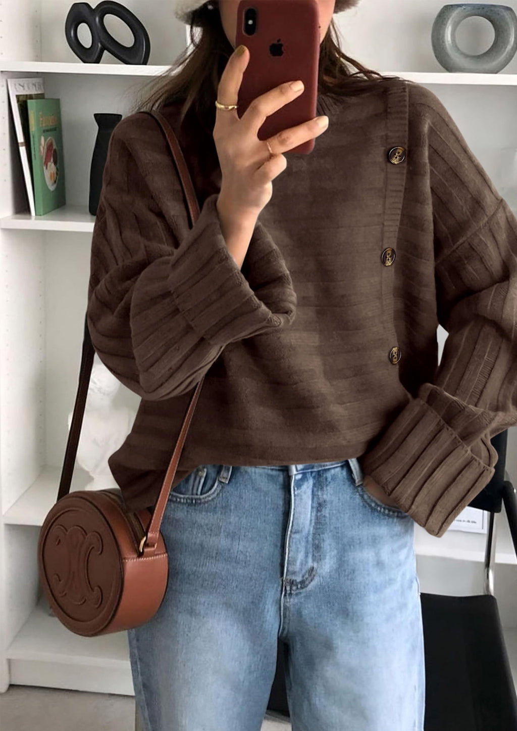 Womens Sweaters Fall Casual Long Sleeve Crewneck Button Loose Winter Knit Pullover Sweater Tops