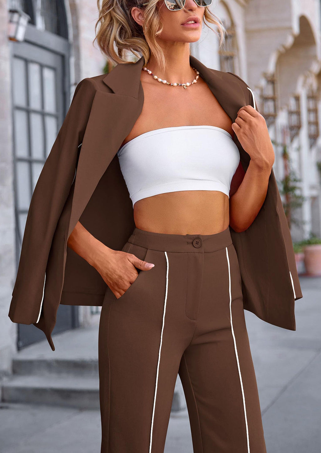 2 Piece Blazer Outfits Business Casual Oversized Jacket Wide Leg Work Pants Dressy Suit Set