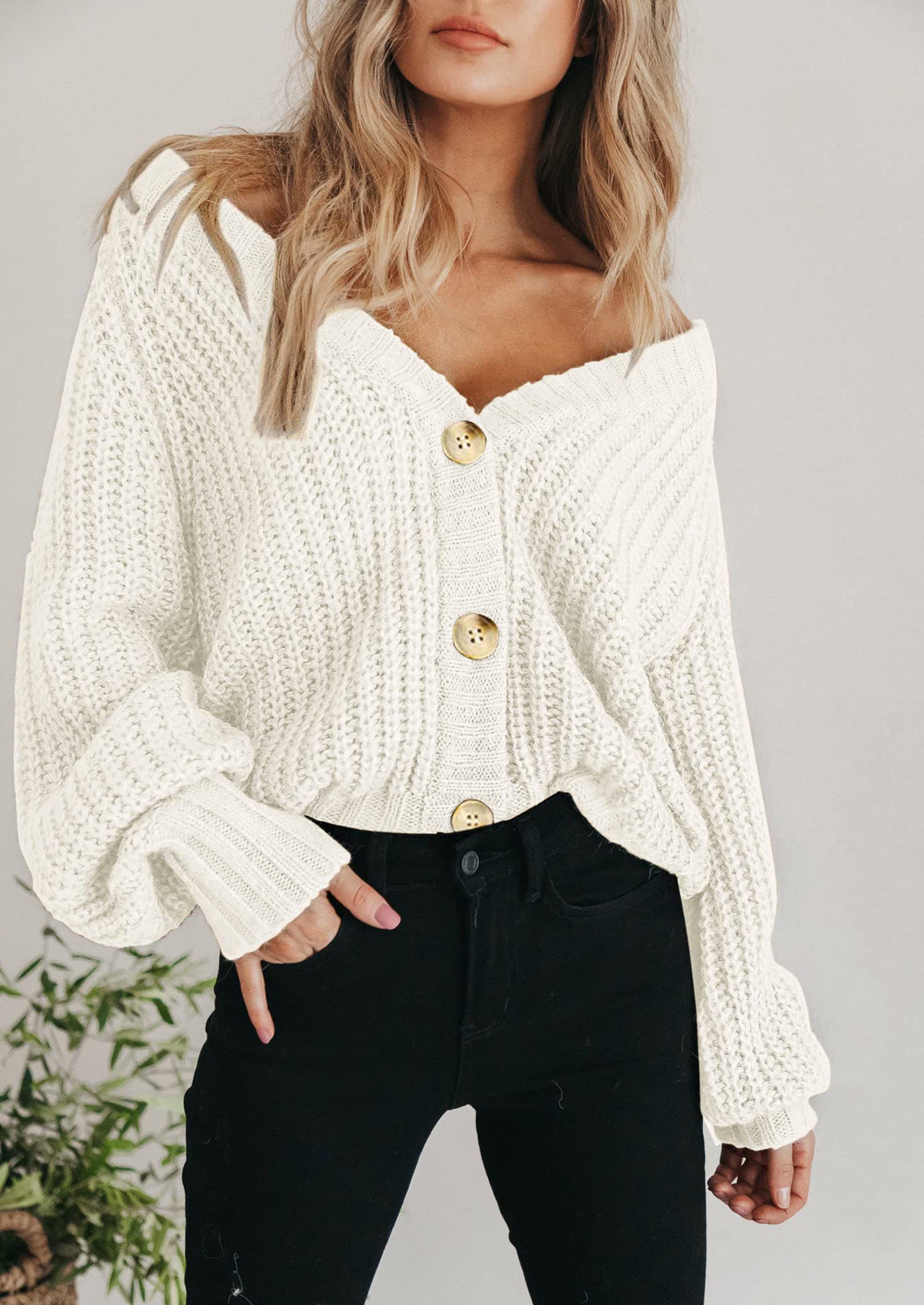 Women's Chunky Knit Open Front Sweater Long Sleeve Button Loose Short Cardigan Outerwear Coats