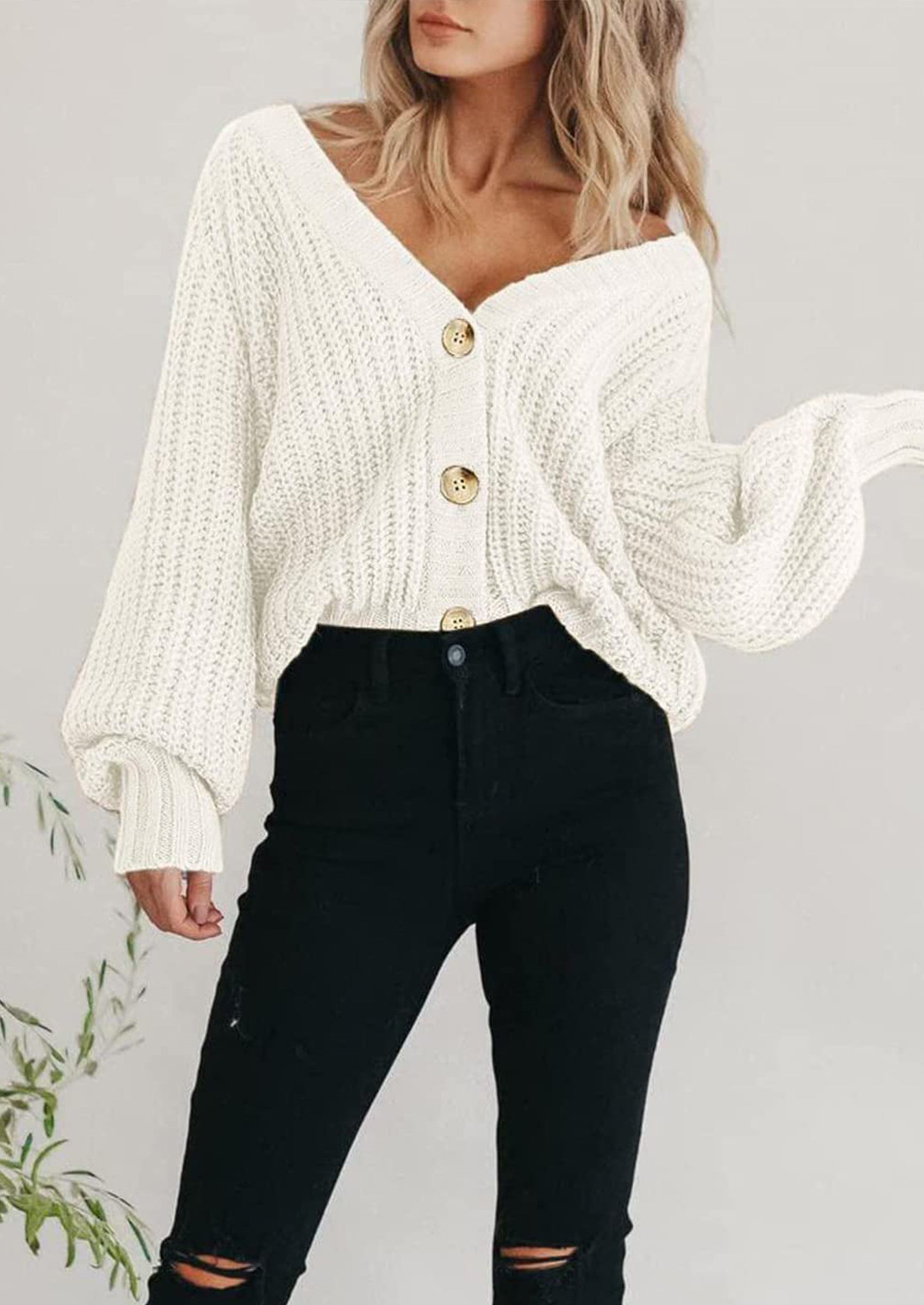 Women's Chunky Knit Open Front Sweater Long Sleeve Button Loose Short Cardigan Outerwear Coats