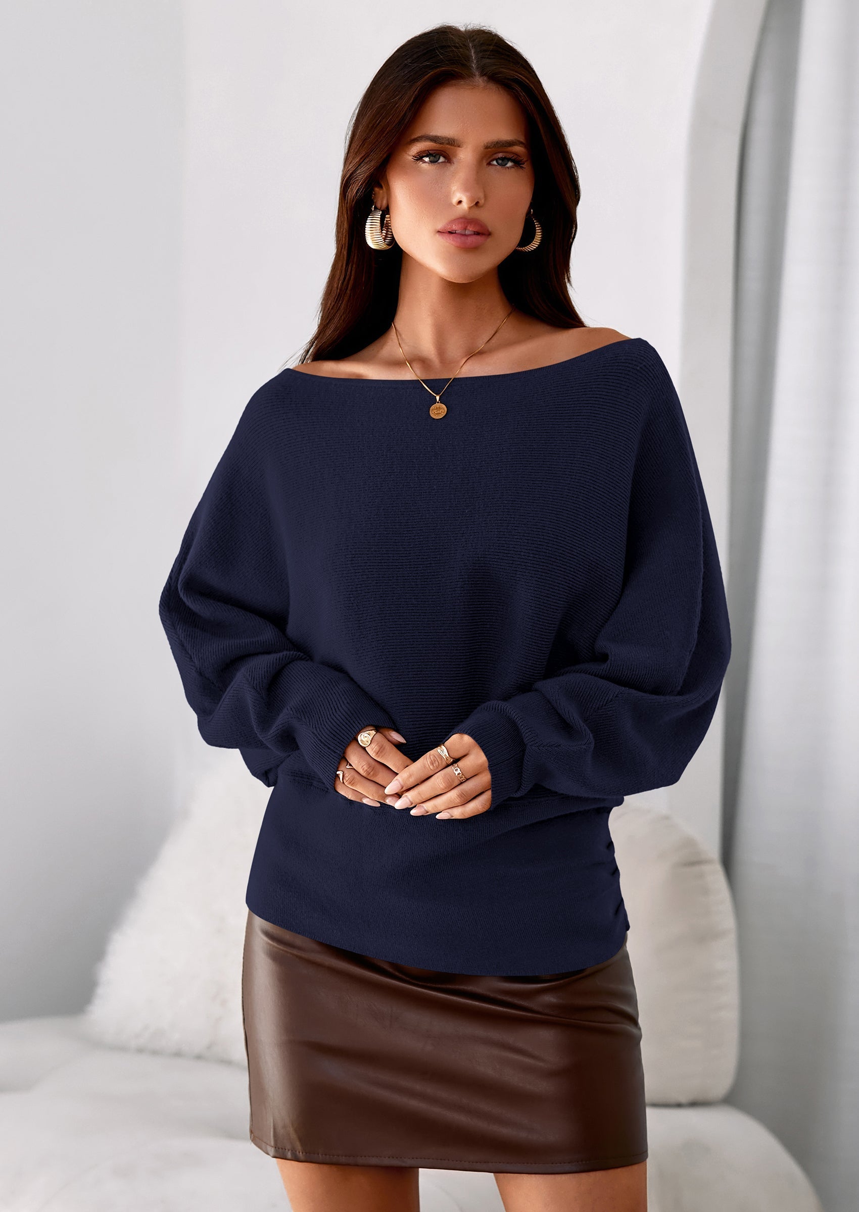 Women Off The Shoulder Sweater Fall Trendy Long Batwing Sleeve Knit Pullover Going Out Tops Winter Clothing