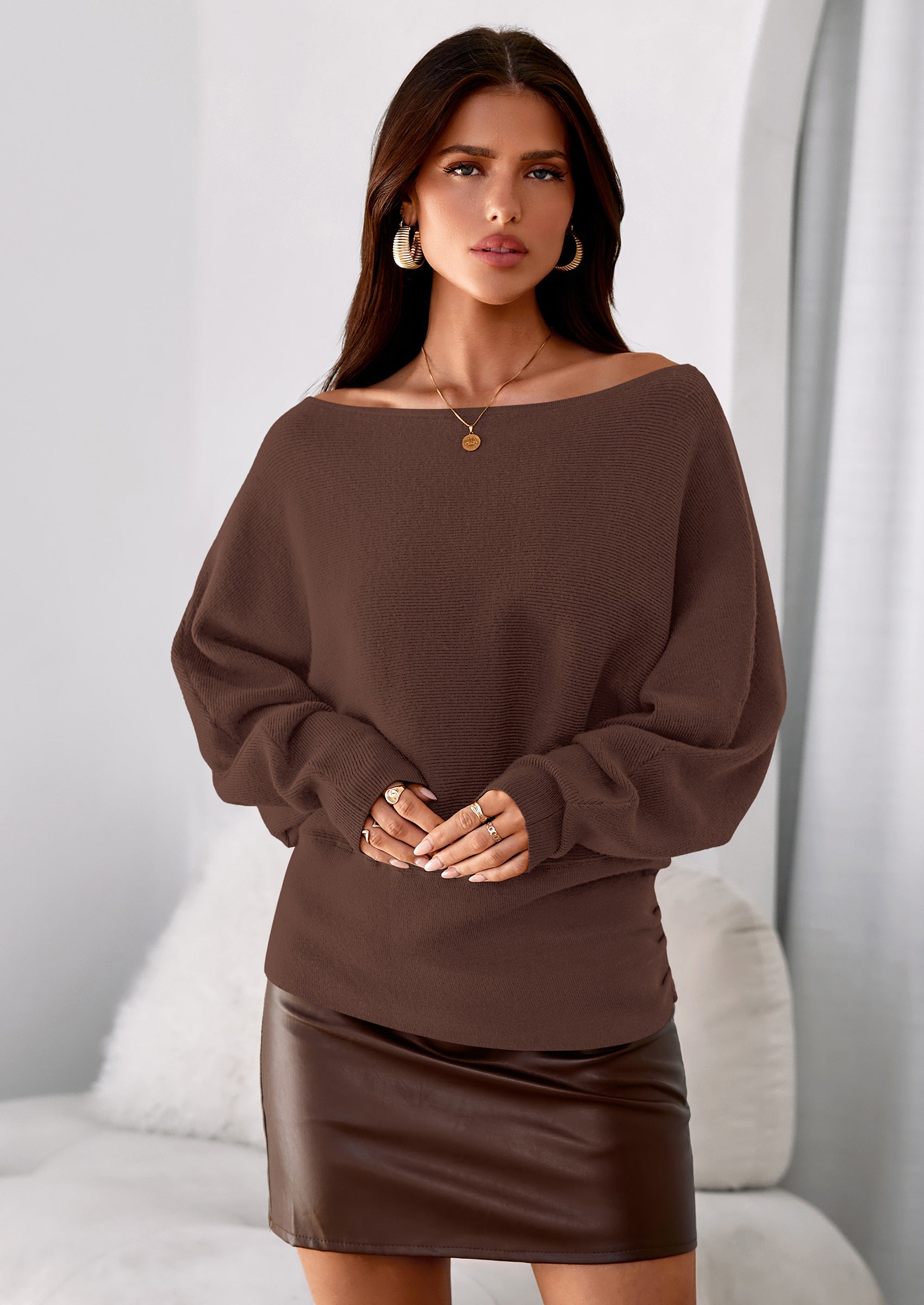 Women Off The Shoulder Sweater Fall Trendy Long Batwing Sleeve Knit Pullover Going Out Tops Winter Clothing