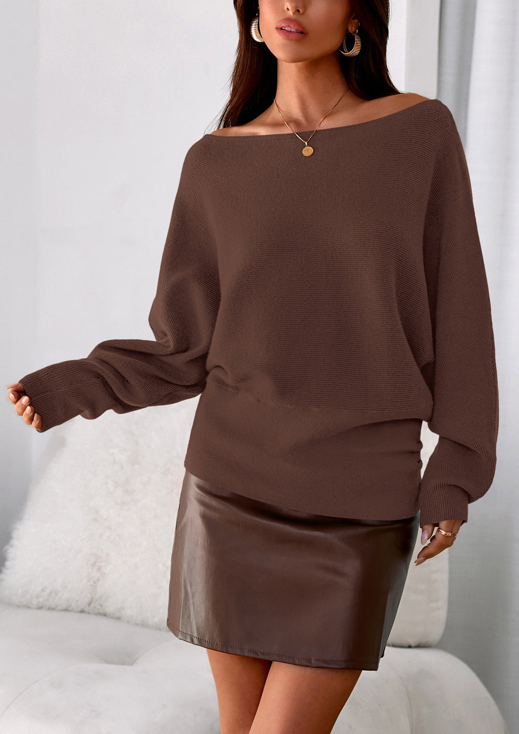 Women Off The Shoulder Sweater Fall Trendy Long Batwing Sleeve Knit Pullover Going Out Tops Winter Clothing