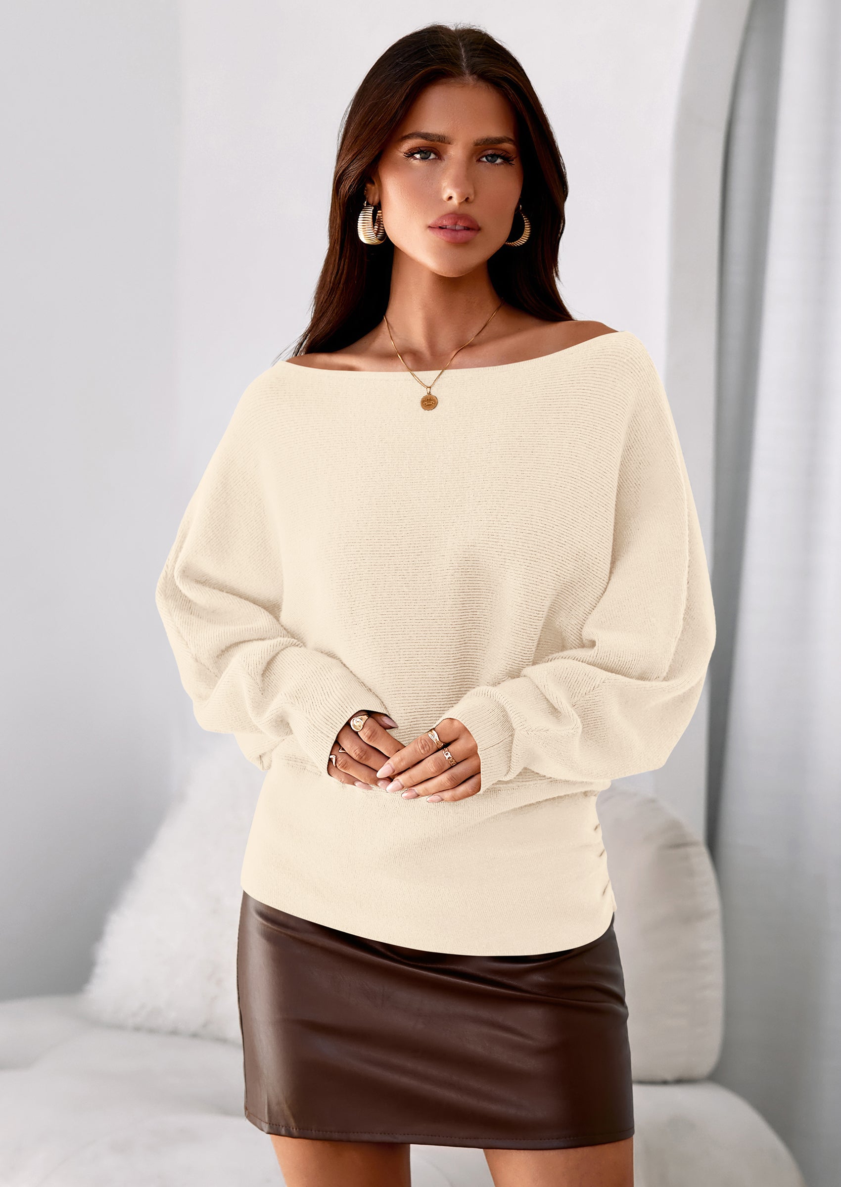 Women Off The Shoulder Sweater Fall Trendy Long Batwing Sleeve Knit Pullover Going Out Tops Winter Clothing
