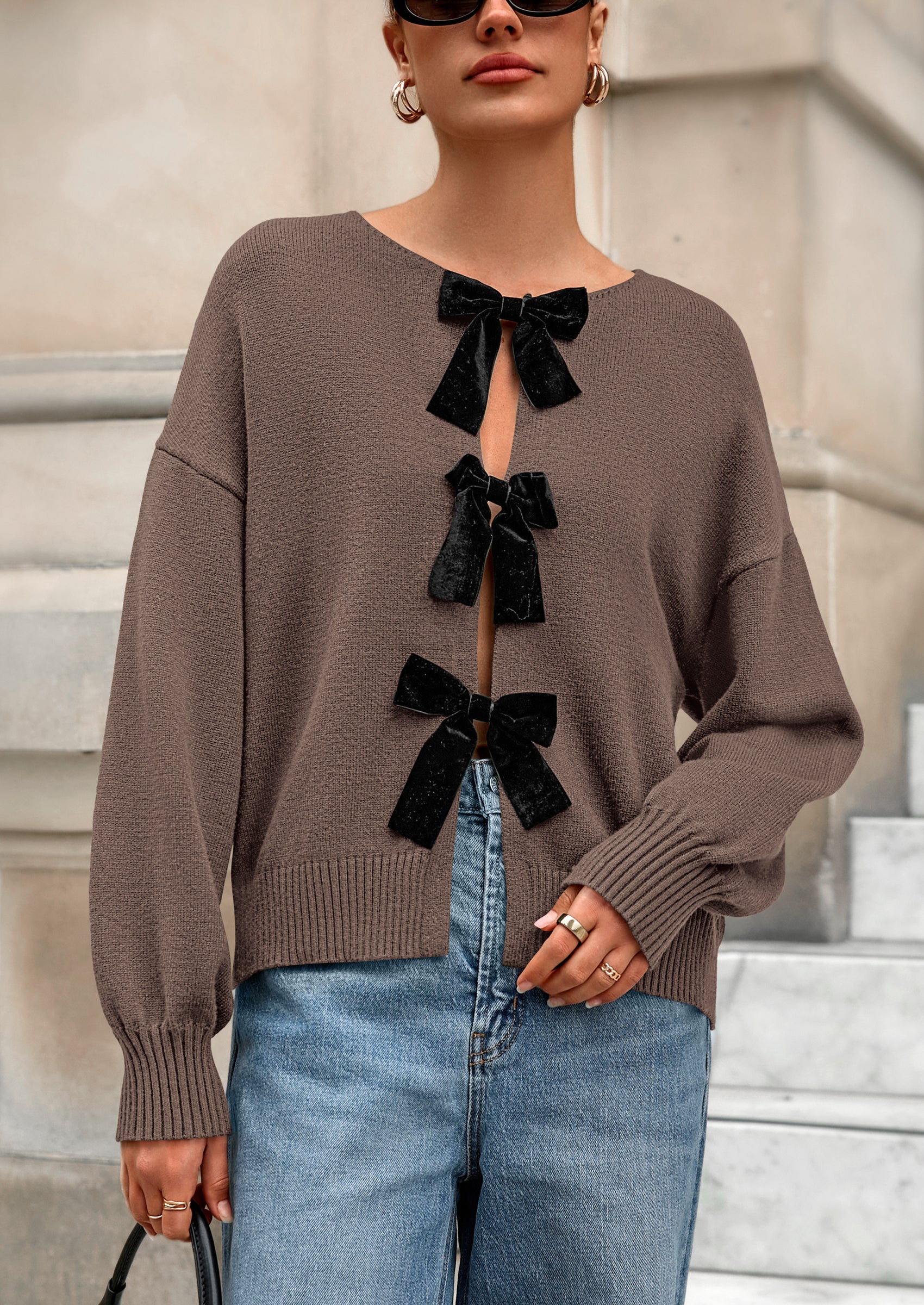 Cardigan Sweaters for Women Fall Bow Tie Front Long Sleeve Knit Sweater Tops Cute Going Out Outfits