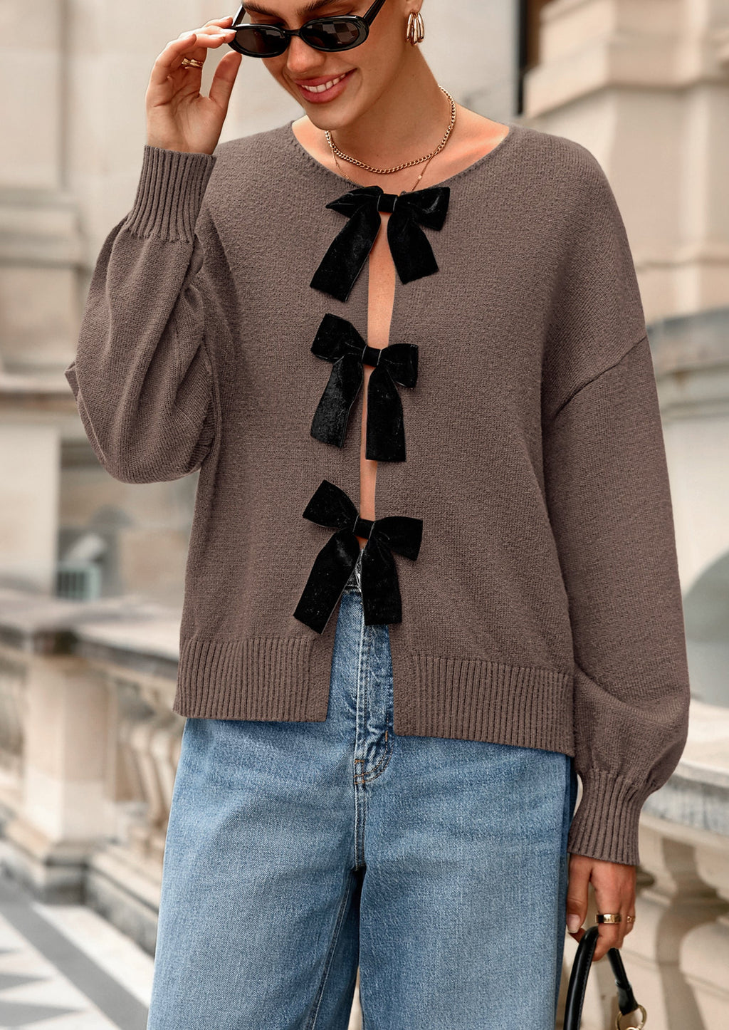 Cardigan Sweaters for Women Fall Bow Tie Front Long Sleeve Knit Sweater Tops Cute Going Out Outfits