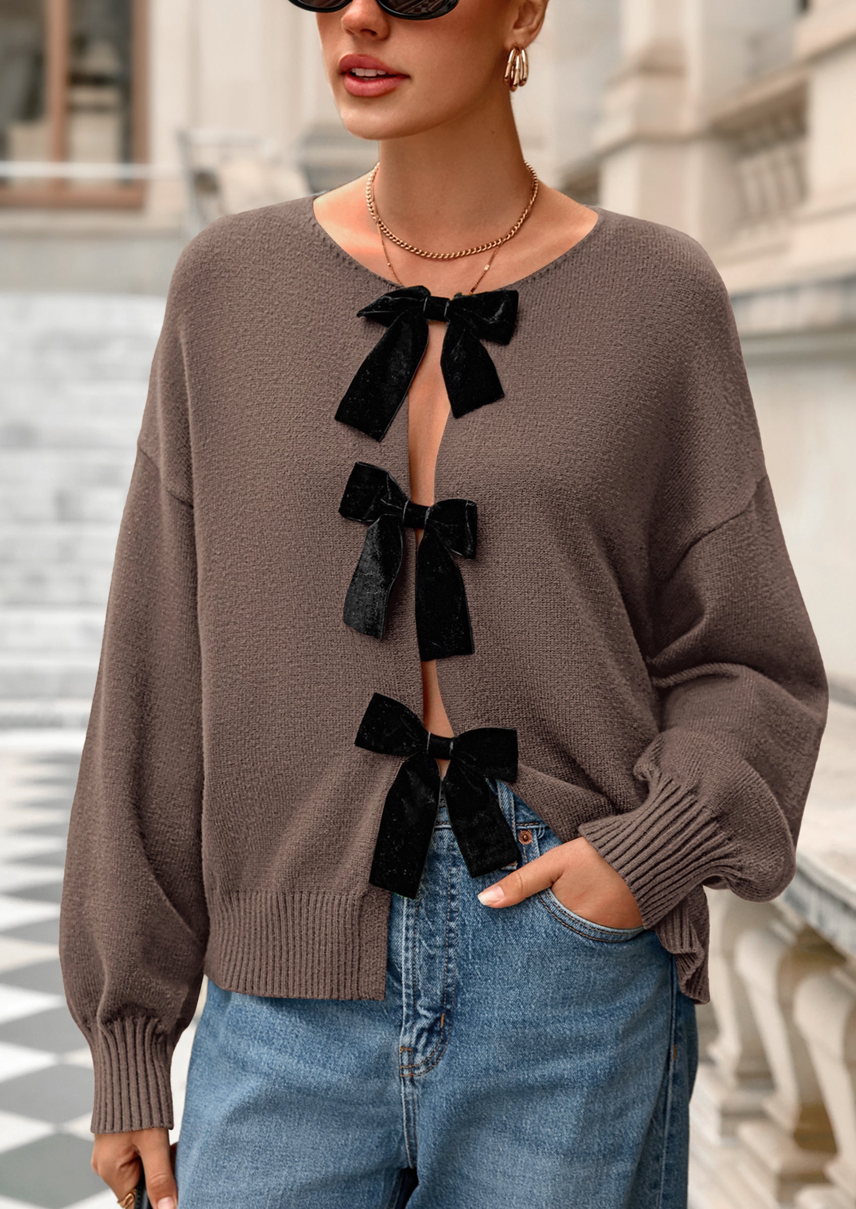 Cardigan Sweaters for Women Fall Bow Tie Front Long Sleeve Knit Sweater Tops Cute Going Out Outfits