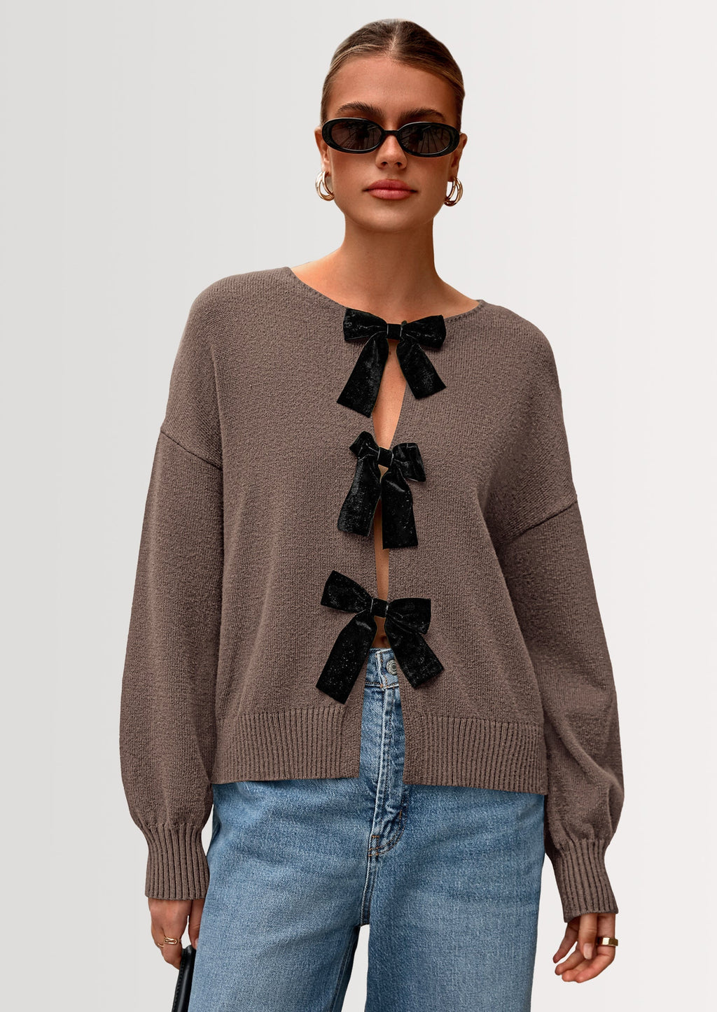 Cardigan Sweaters for Women Fall Bow Tie Front Long Sleeve Knit Sweater Tops Cute Going Out Outfits