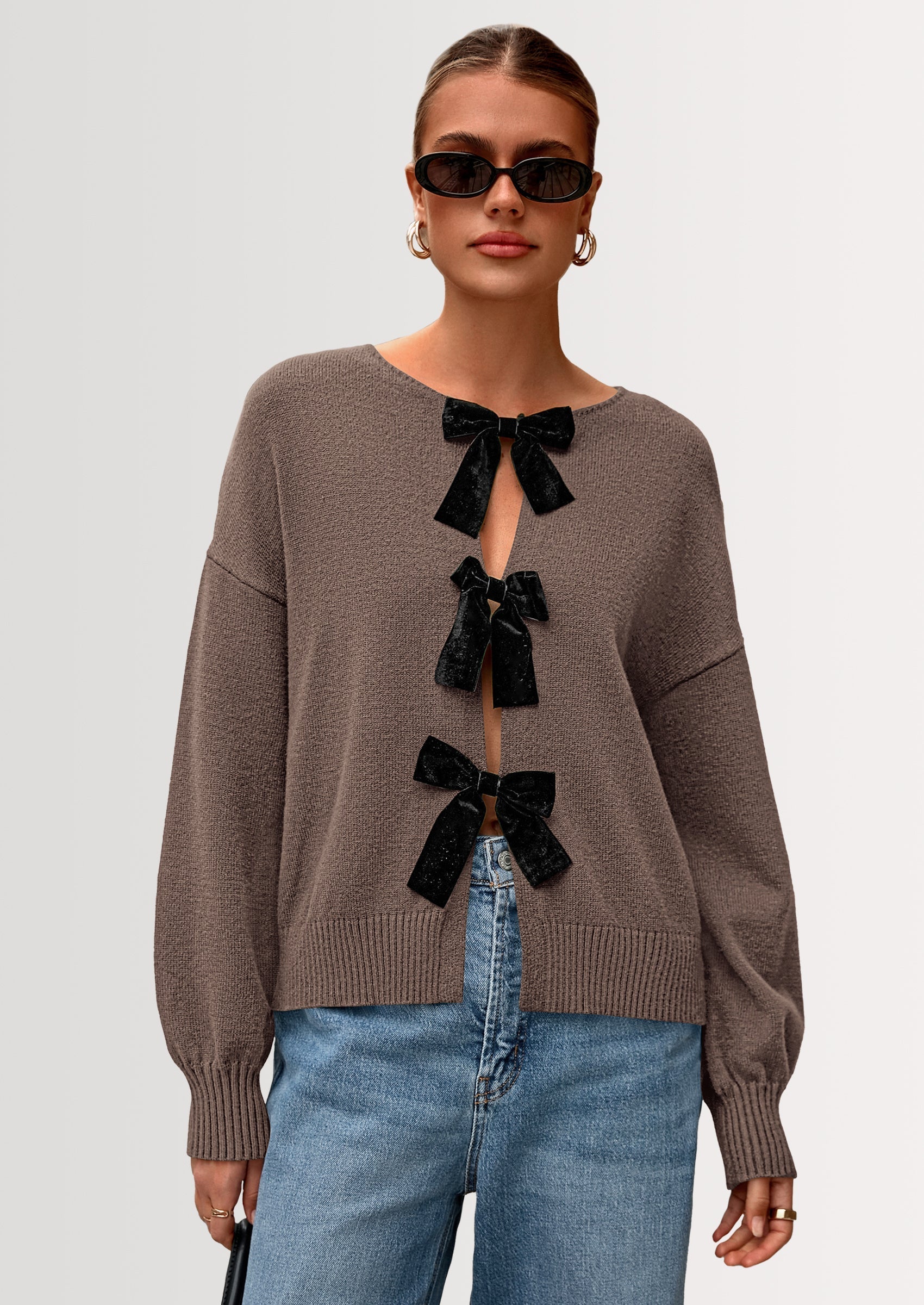 Cardigan Sweaters for Women Fall Bow Tie Front Long Sleeve Knit Sweater Tops Cute Going Out Outfits
